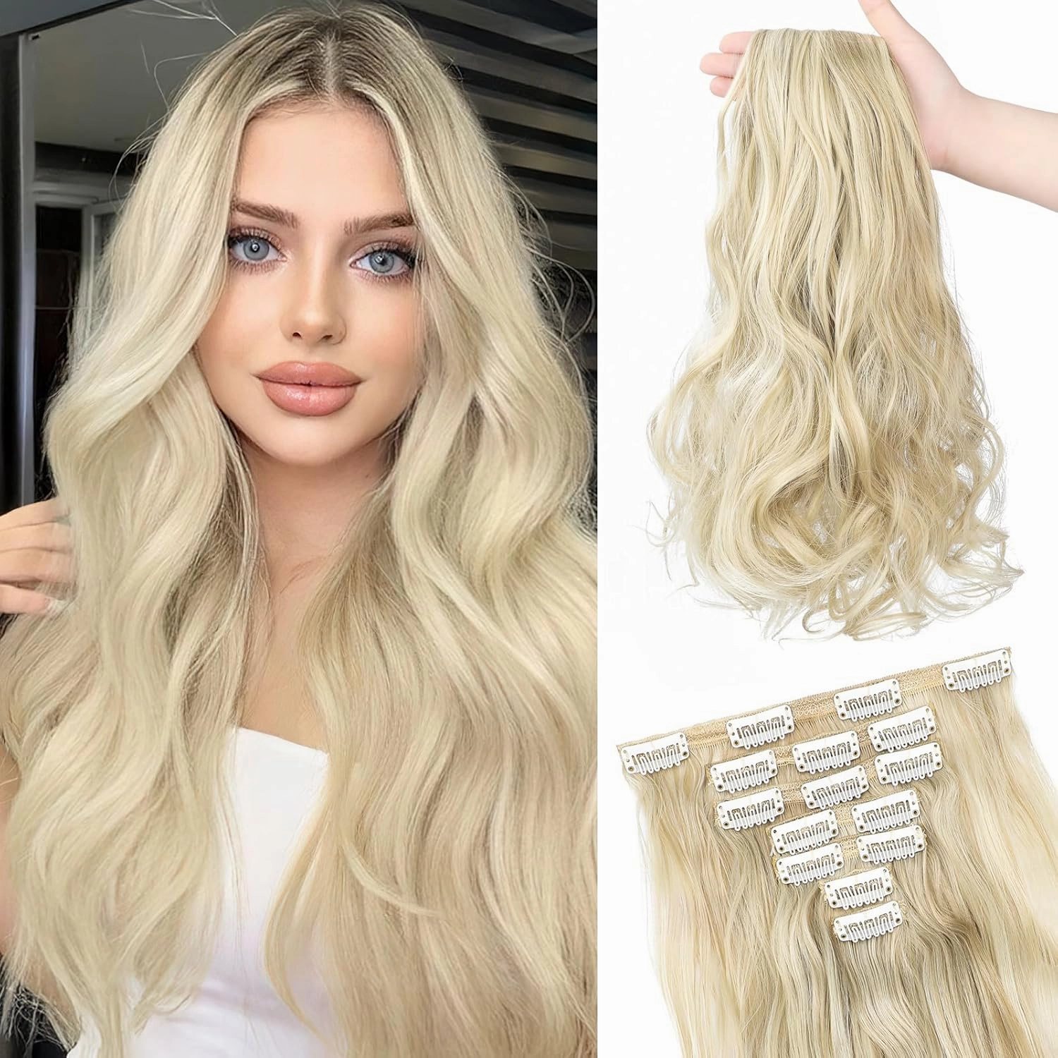 Clip in Hair Extensions, 22 Inch 6 PCS Natural Curly Soft Synthetic Hair Extensions Clip ins, Ash Blonde Mix Bleach Blonde Long Wavy Hairpiece for Women
