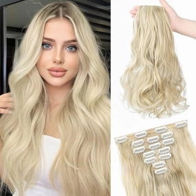 Clip in Hair Extensions, 22 Inch 6 PCS Natural Curly Soft Synthetic Hair Extensions Clip ins, Ash Blonde Mix Bleach Blonde Long Wavy Hairpiece for Women