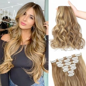 Clip in Hair Extensions, 22 Inch 6 PCS Natural Curly Soft Synthetic Hair Extensions Clip ins, Ash Blonde Mix Ginger Brown Long Wavy Hairpiece for Women