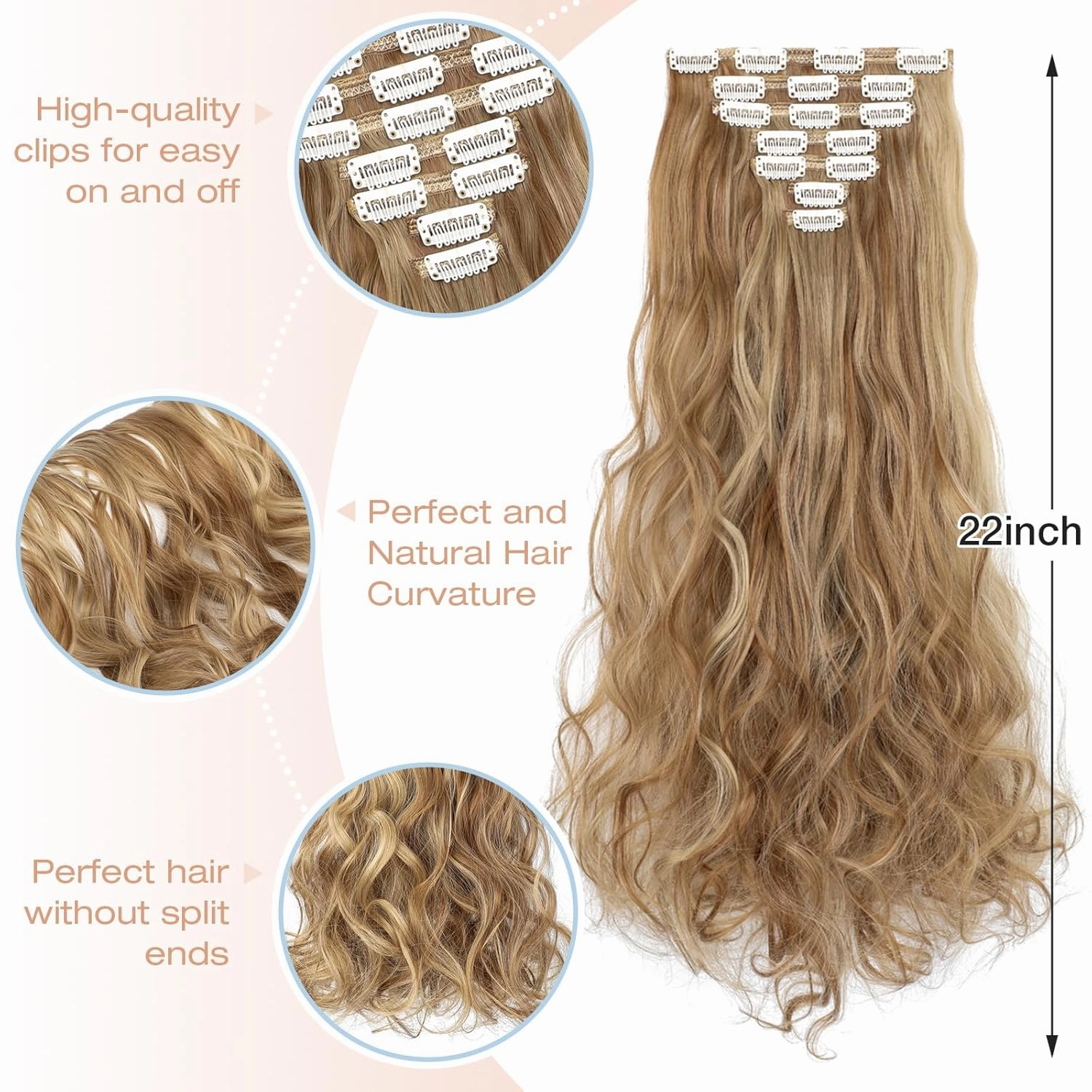 Clip in Hair Extensions, 22 Inch 6 PCS Natural Curly Soft Synthetic Hair Extensions Clip ins, Ash Blonde Mix Ginger Brown Long Wavy Hairpiece for Women