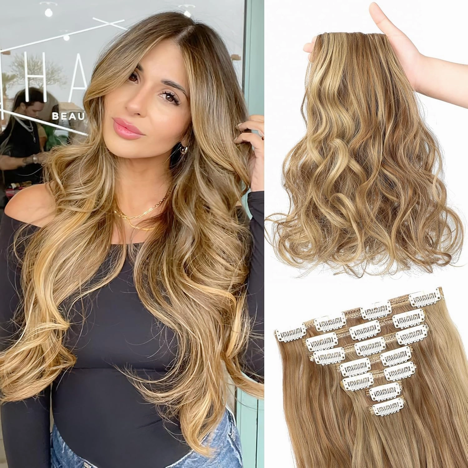Clip in Hair Extensions, 22 Inch 6 PCS Natural Curly Soft Synthetic Hair Extensions Clip ins, Ash Blonde Mix Ginger Brown Long Wavy Hairpiece for Women