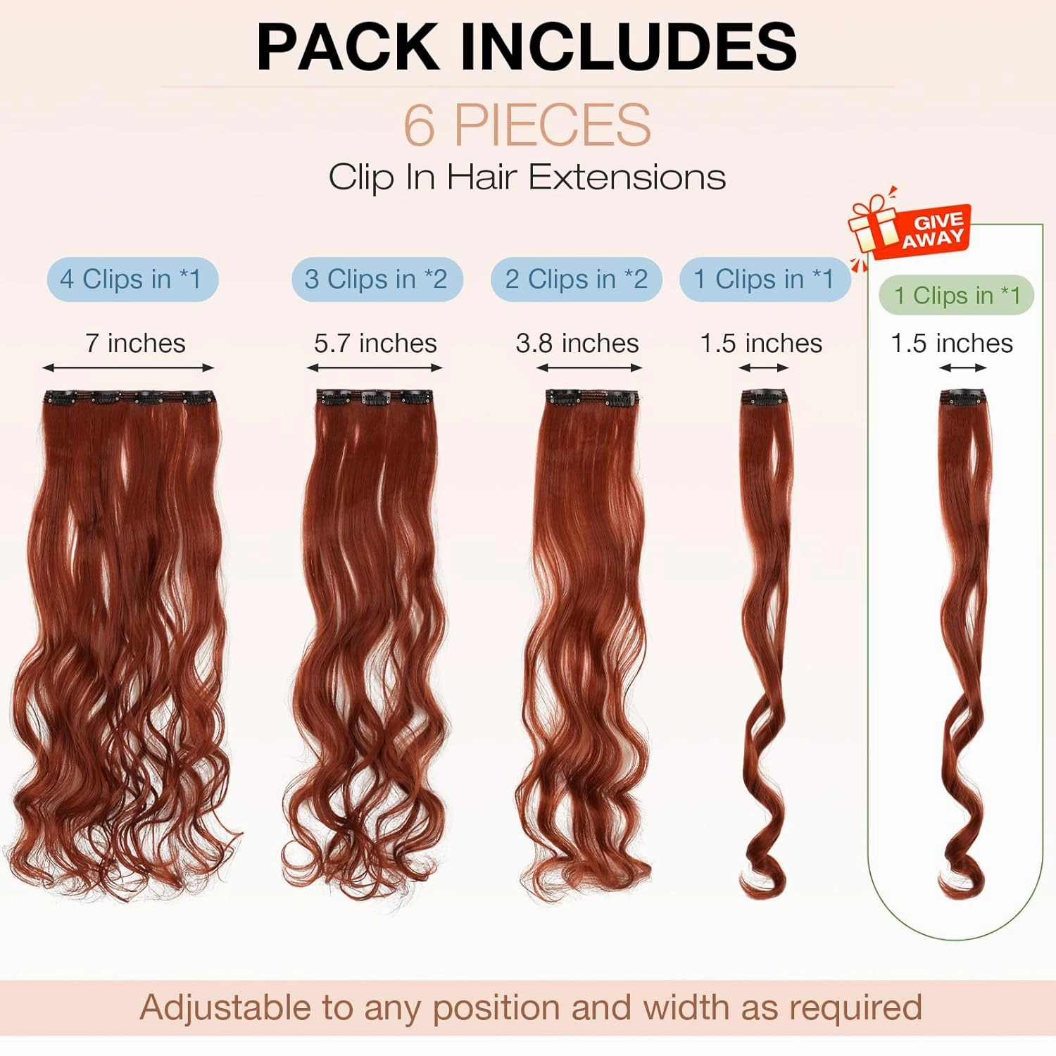 Clip in Hair Extensions, 22 Inch 6 PCS Natural Curly Soft Synthetic Hair Extensions Clip ins, Copper Red Long Wavy Hairpiece for Women