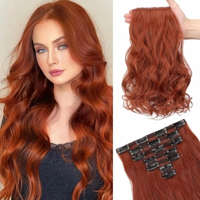 Clip in Hair Extensions, 22 Inch 6 PCS Natural Curly Soft Synthetic Hair Extensions Clip ins, Copper Red Long Wavy Hairpiece for Women