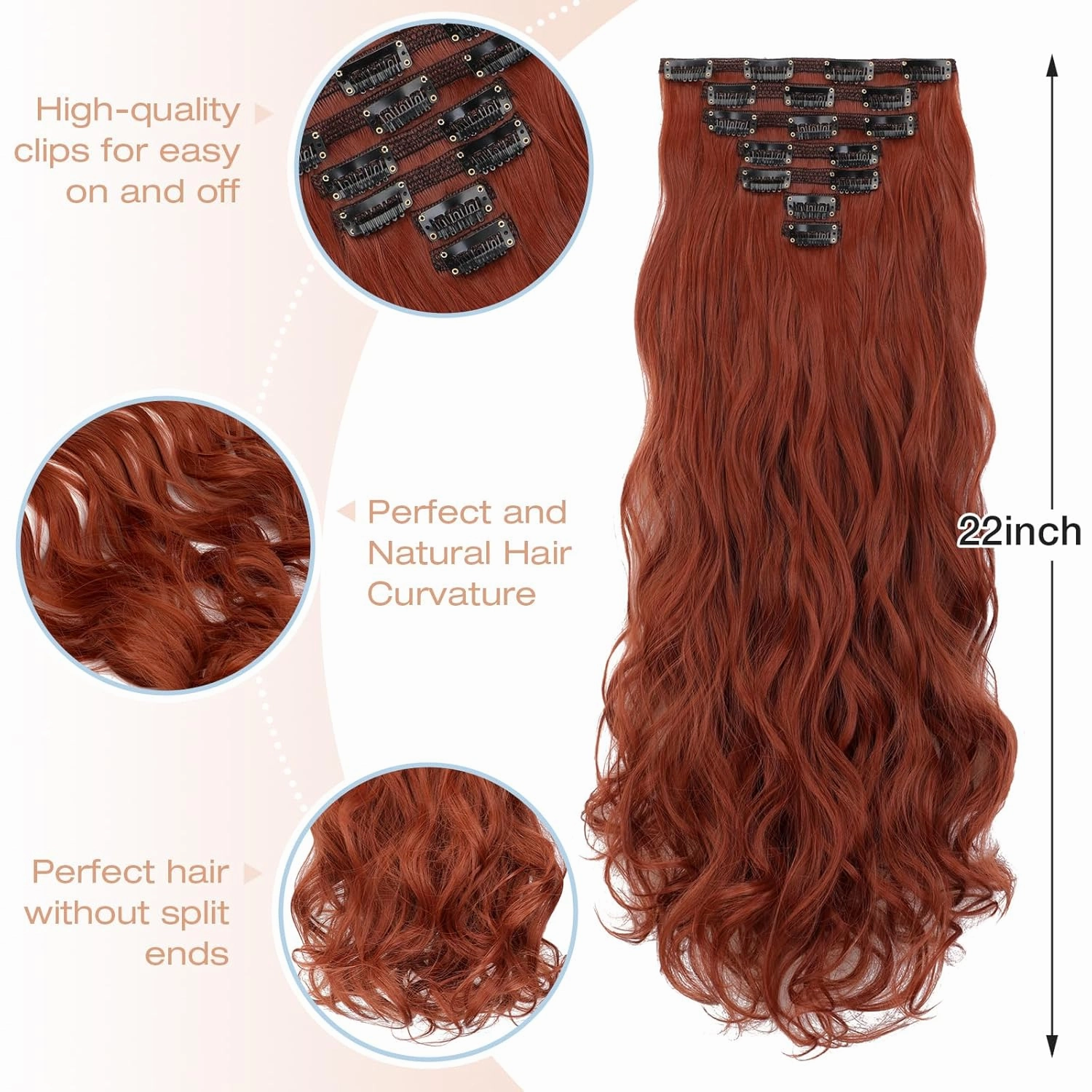 Clip in Hair Extensions, 22 Inch 6 PCS Natural Curly Soft Synthetic Hair Extensions Clip ins, Copper Red Long Wavy Hairpiece for Women