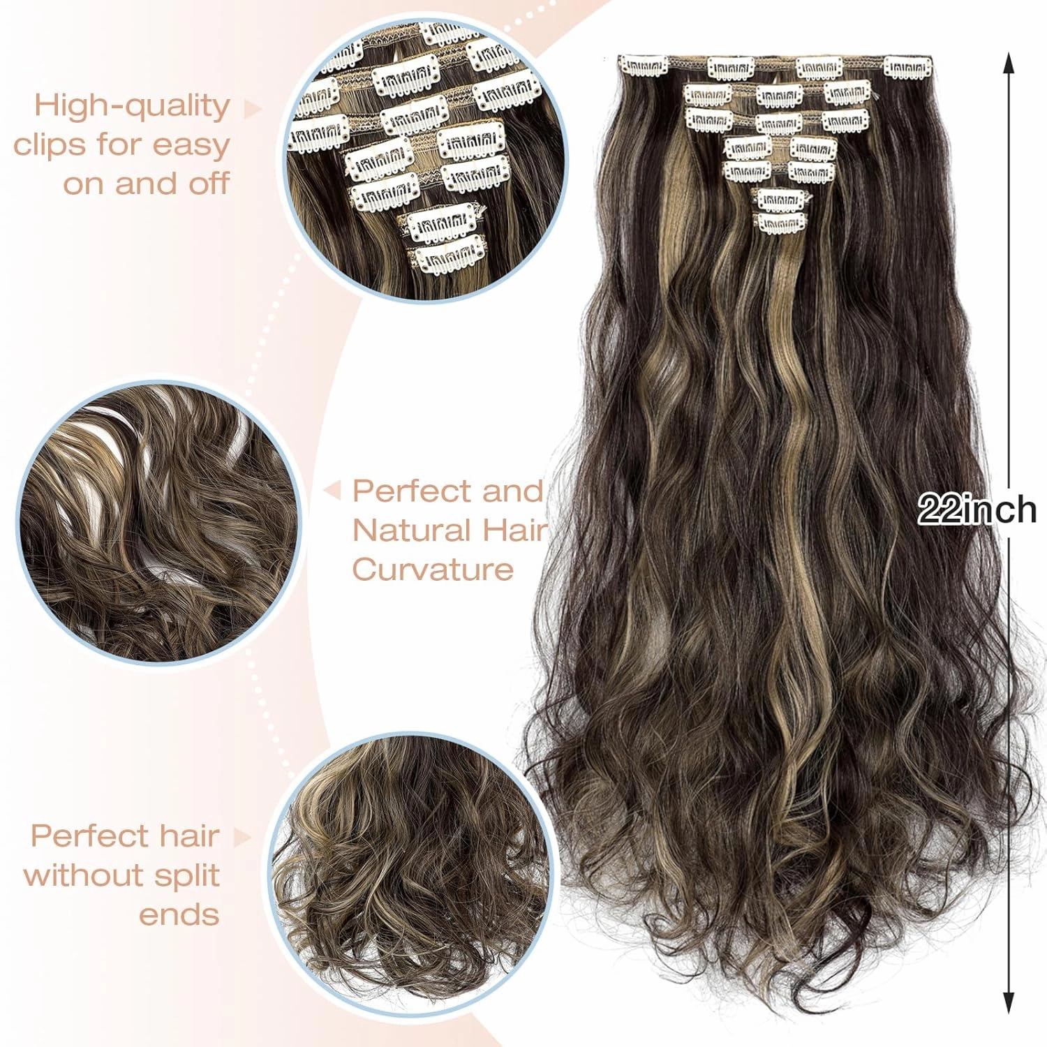 Clip in Hair Extensions, 22 Inch 6 PCS Natural Curly Soft Synthetic Hair Extensions Clip ins, Dark Brown Mix Ash Blonde Long Wavy Hairpiece for Women