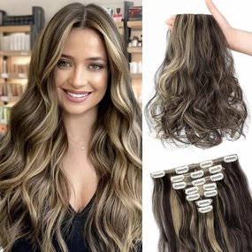 Clip in Hair Extensions, 22 Inch 6 PCS Natural Curly Soft Synthetic Hair Extensions Clip ins, Dark Brown Mix Ash Blonde Long Wavy Hairpiece for Women