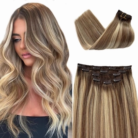 Clip in Hair Extensions Human Hair Ombre Ash Brown and Blonde Balayage Real Human Hair Extension Clip ins 22 Inch 5 Pieces Blonde Balayage Highlights Clip on Extensions with Brown Roots 70g