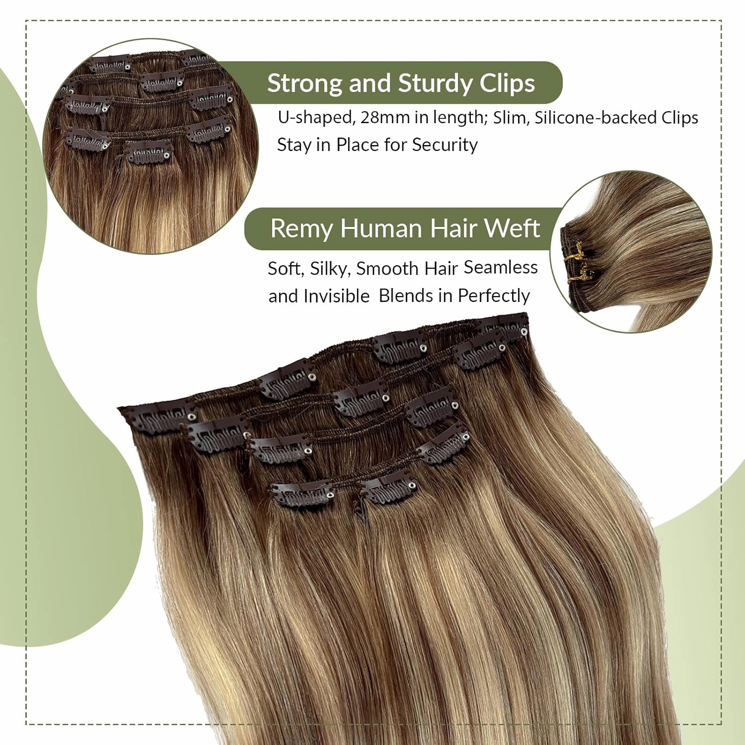 Clip in Hair Extensions Human Hair Ombre Ash Brown and Blonde Balayage Real Human Hair Extension Clip ins 22 Inch 5 Pieces Blonde Balayage Highlights Clip on Extensions with Brown Roots 70g
