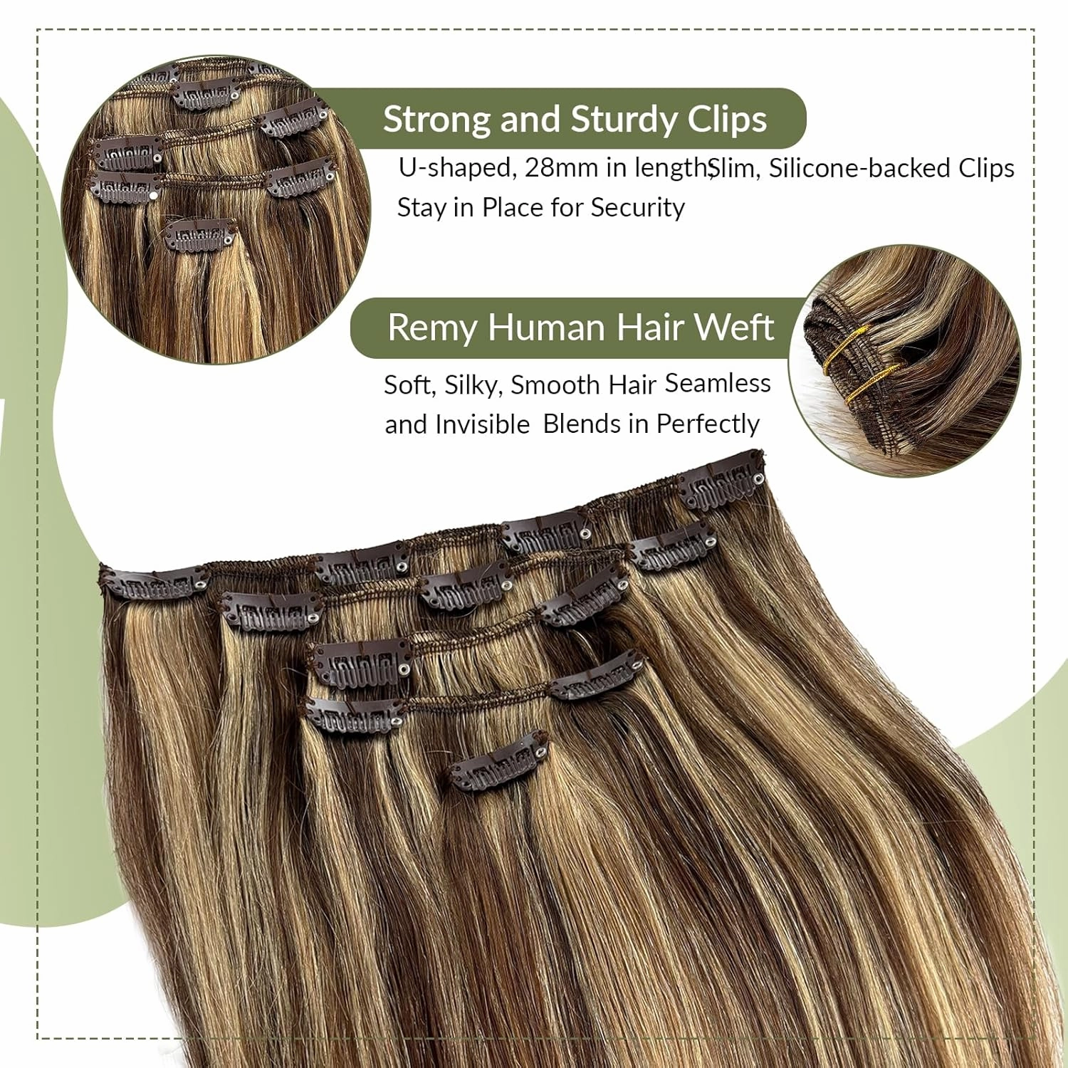 Clip in Hair Extensions Medium Brown with Dark Blonde Highlights Remy Human Hair Extensions Soft Straight Brown and Blonde Clip in Extensions Real Human Hair 22 Inch 5pcs 70g