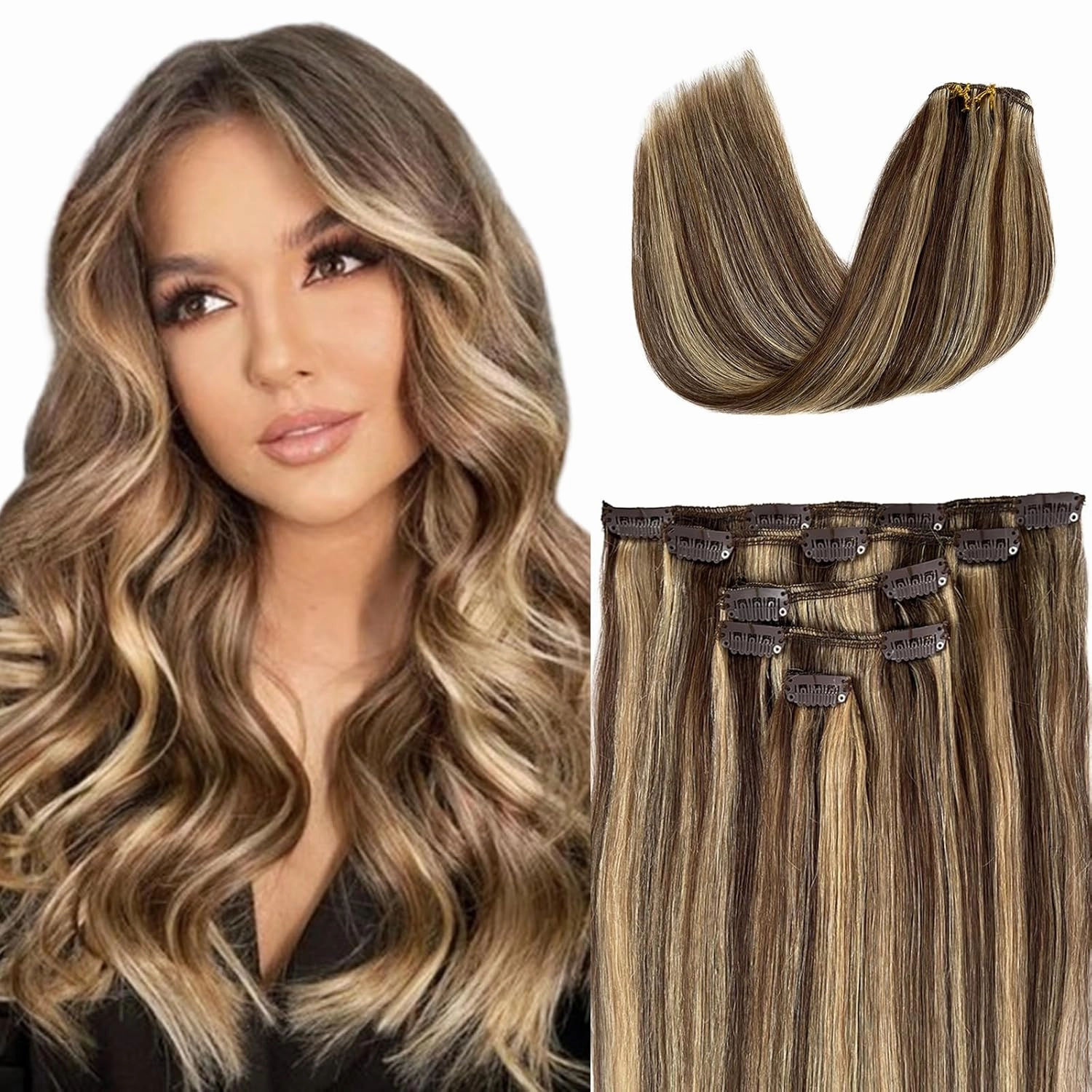Clip in Hair Extensions Medium Brown with Dark Blonde Highlights Remy Human Hair Extensions Soft Straight Brown and Blonde Clip in Extensions Real Human Hair 22 Inch 5pcs 70g
