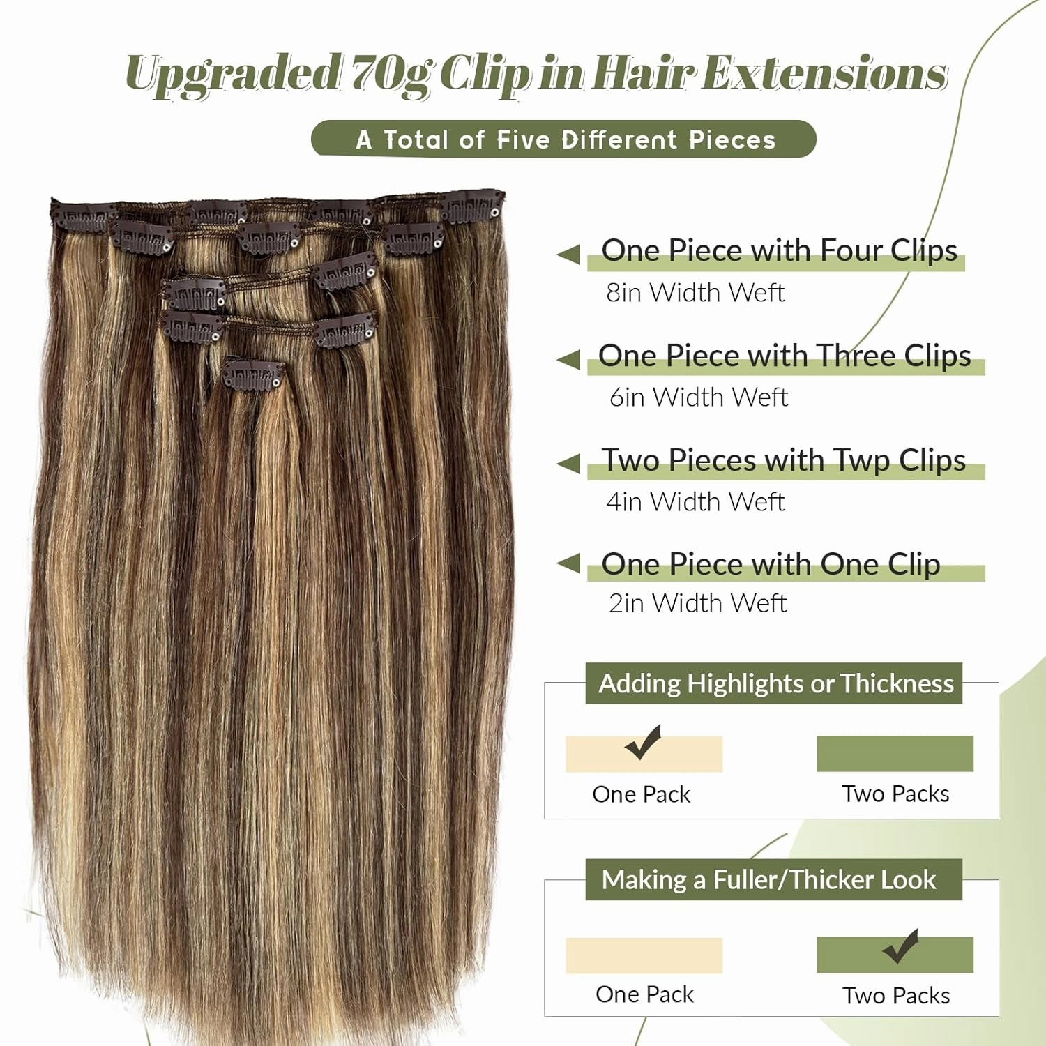 Clip in Hair Extensions Medium Brown with Dark Blonde Highlights Remy Human Hair Extensions Soft Straight Brown and Blonde Clip in Extensions Real Human Hair 22 Inch 5pcs 70g