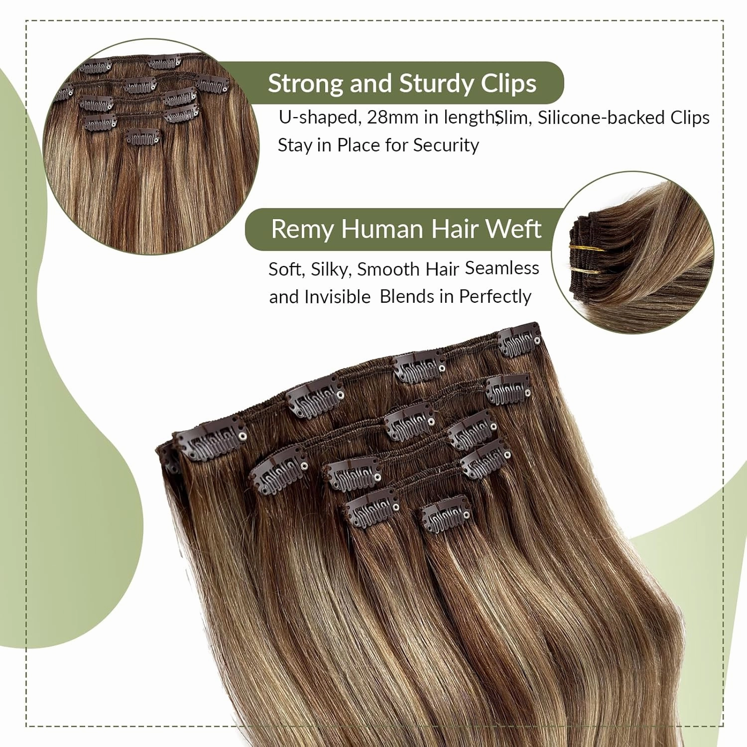 Clip in Hair Extensions Ombre Brown to Blonde Human Hair Extensions Clip ins Balayage Chestnut Brown Mixed Beige Blonde Real Remy Hair Extensions Clip in Human Hair for Women/Girls 18 Inch 70g 5pcs