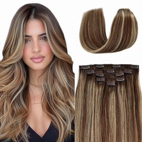 Clip in Hair Extensions Ombre Brown to Blonde Human Hair Extensions Clip ins Balayage Chestnut Brown Mixed Beige Blonde Real Remy Hair Extensions Clip in Human Hair for Women/Girls 18 Inch 70g 5pcs