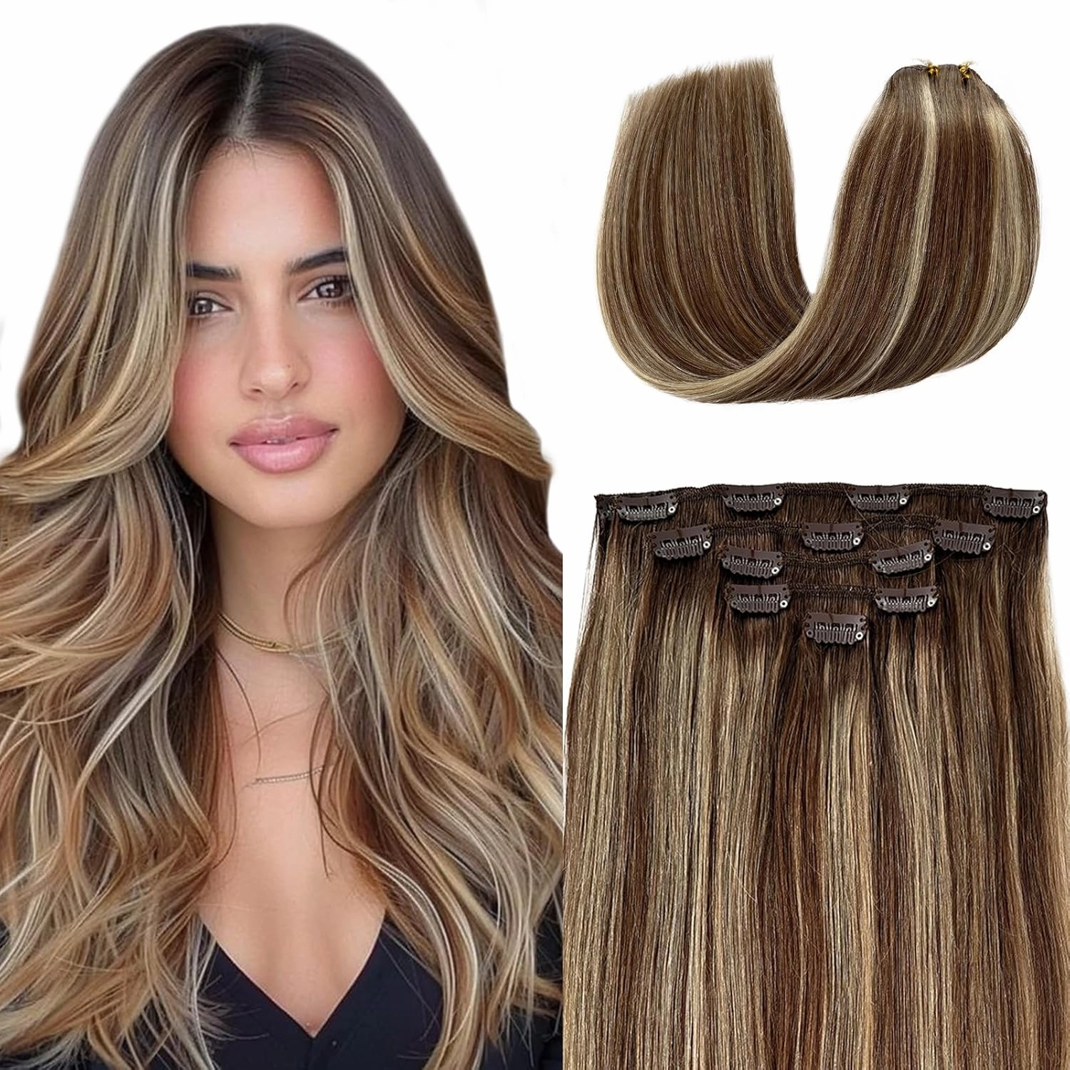 Clip in Hair Extensions Ombre Brown to Blonde Human Hair Extensions Clip ins Balayage Chestnut Brown Mixed Beige Blonde Real Remy Hair Extensions Clip in Human Hair for Women/Girls 18 Inch 70g 5pcs