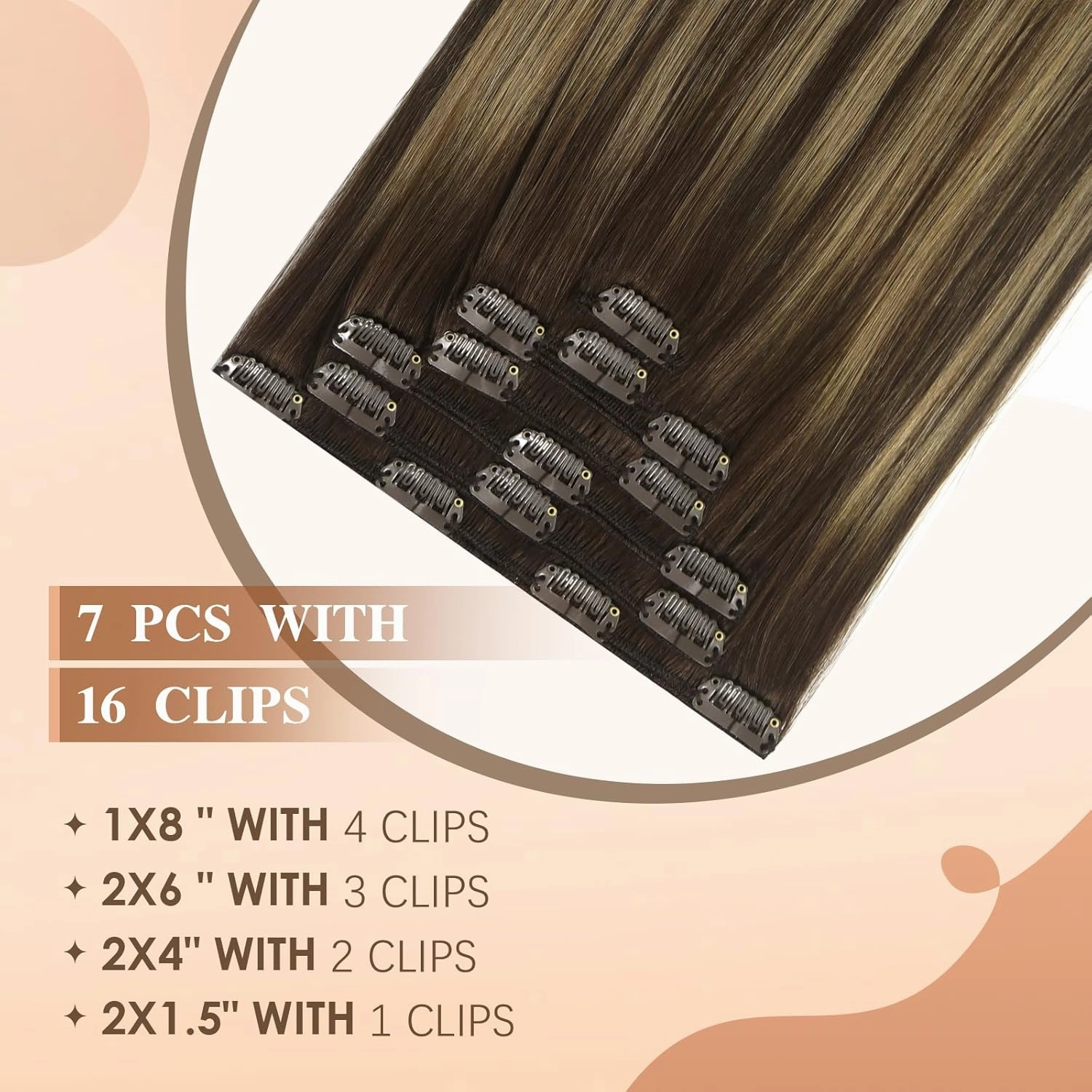Clip in Hair Extensions Real Human Hair 16 Inch 75g 7pcs Balayage Chocolate Brown to Caramel Blonde Remy 100% Human Hair Straight Clip Ins for Women Invisible Clip on Hair Extensions