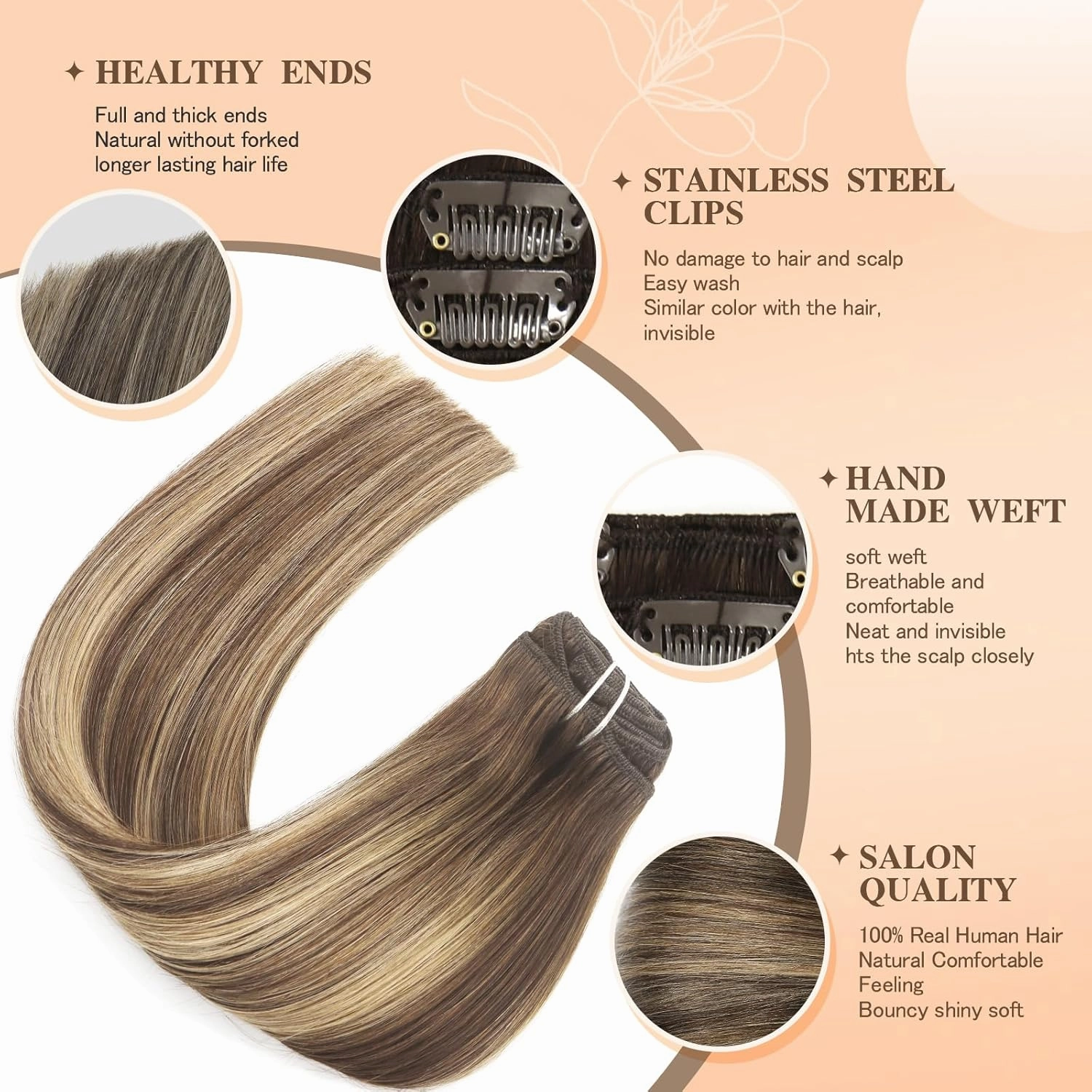 Clip in Hair Extensions Real Human Hair 16 Inch 75g 7pcs Balayage Chocolate Brown to Caramel Blonde Remy 100% Human Hair Straight Clip Ins for Women Invisible Clip on Hair Extensions
