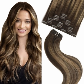 Clip in Hair Extensions Real Human Hair 16 Inch 75g 7pcs Balayage Chocolate Brown to Caramel Blonde Remy 100% Human Hair Straight Clip Ins for Women Invisible Clip on Hair Extensions