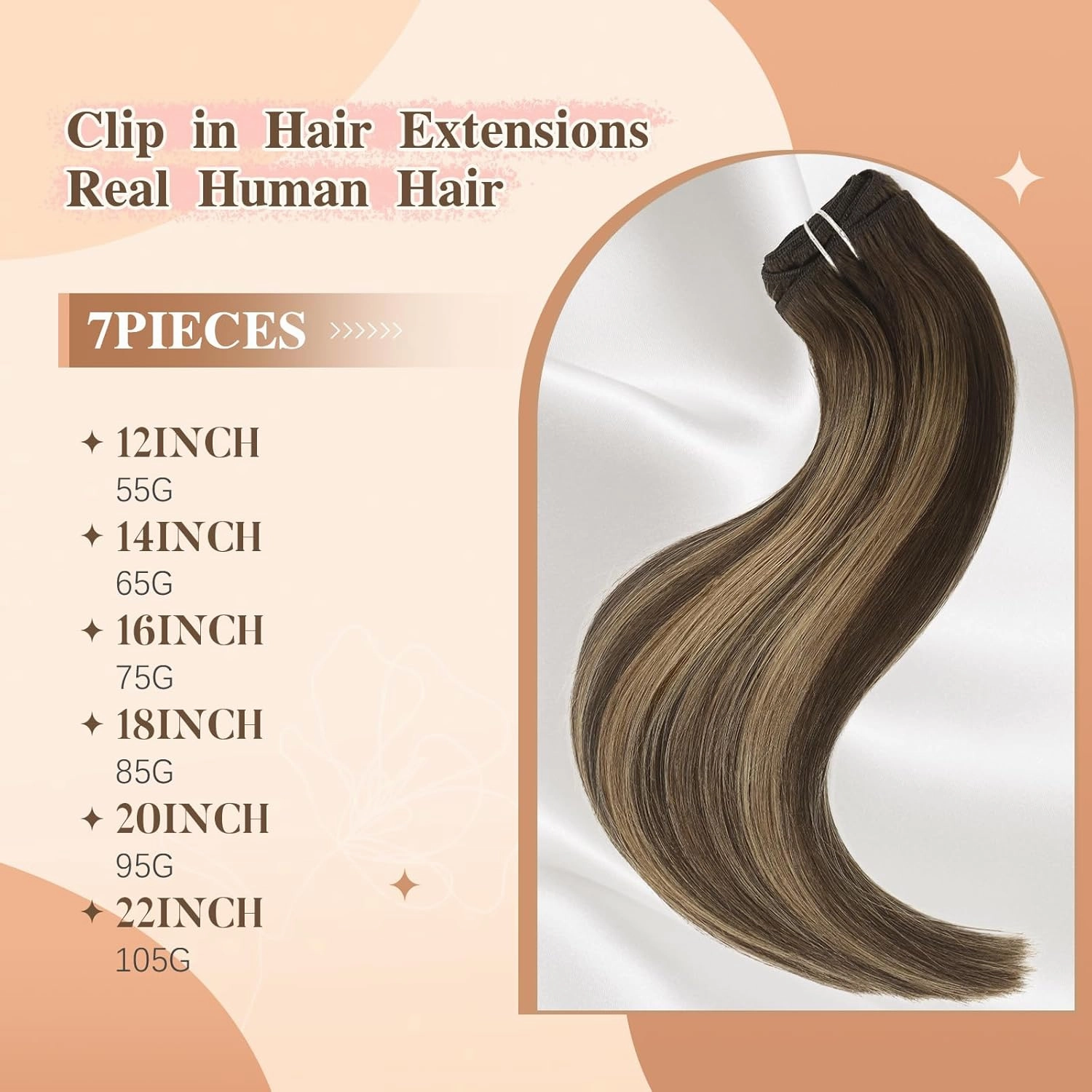 Clip in Hair Extensions Real Human Hair 16 Inch 75g 7pcs Balayage Chocolate Brown to Caramel Blonde Remy 100% Human Hair Straight Clip Ins for Women Invisible Clip on Hair Extensions