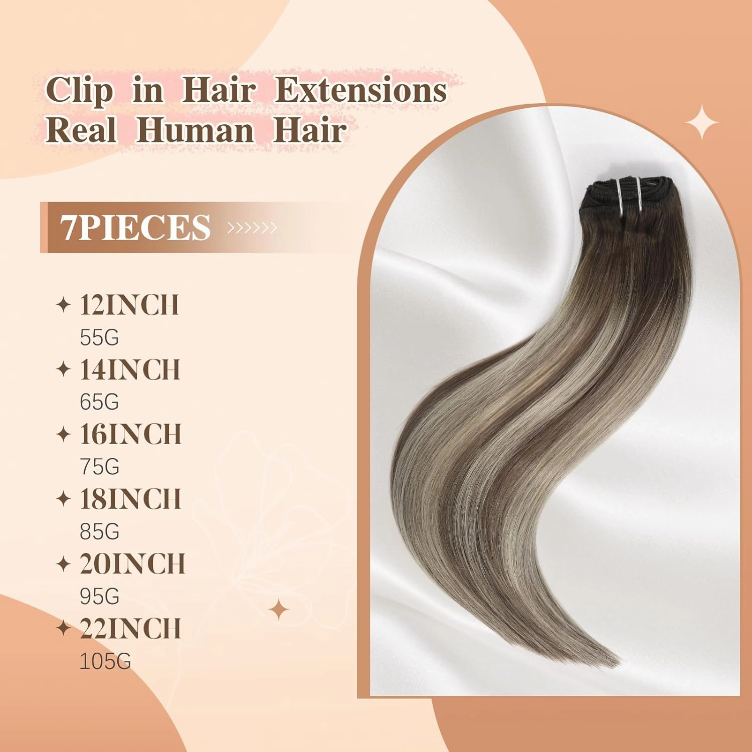 clip in hair extensions real human hair Balayage Walnut Brown to Ash Brown Mix Light Blonde remy hair extensions Double weft ombre clip in hair extensions 16 Inch 75G 7PCS for women