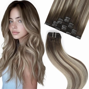 clip in hair extensions real human hair Balayage Walnut Brown to Ash Brown Mix Light Blonde remy hair extensions Double weft ombre clip in hair extensions 16 Inch 75G 7PCS for women