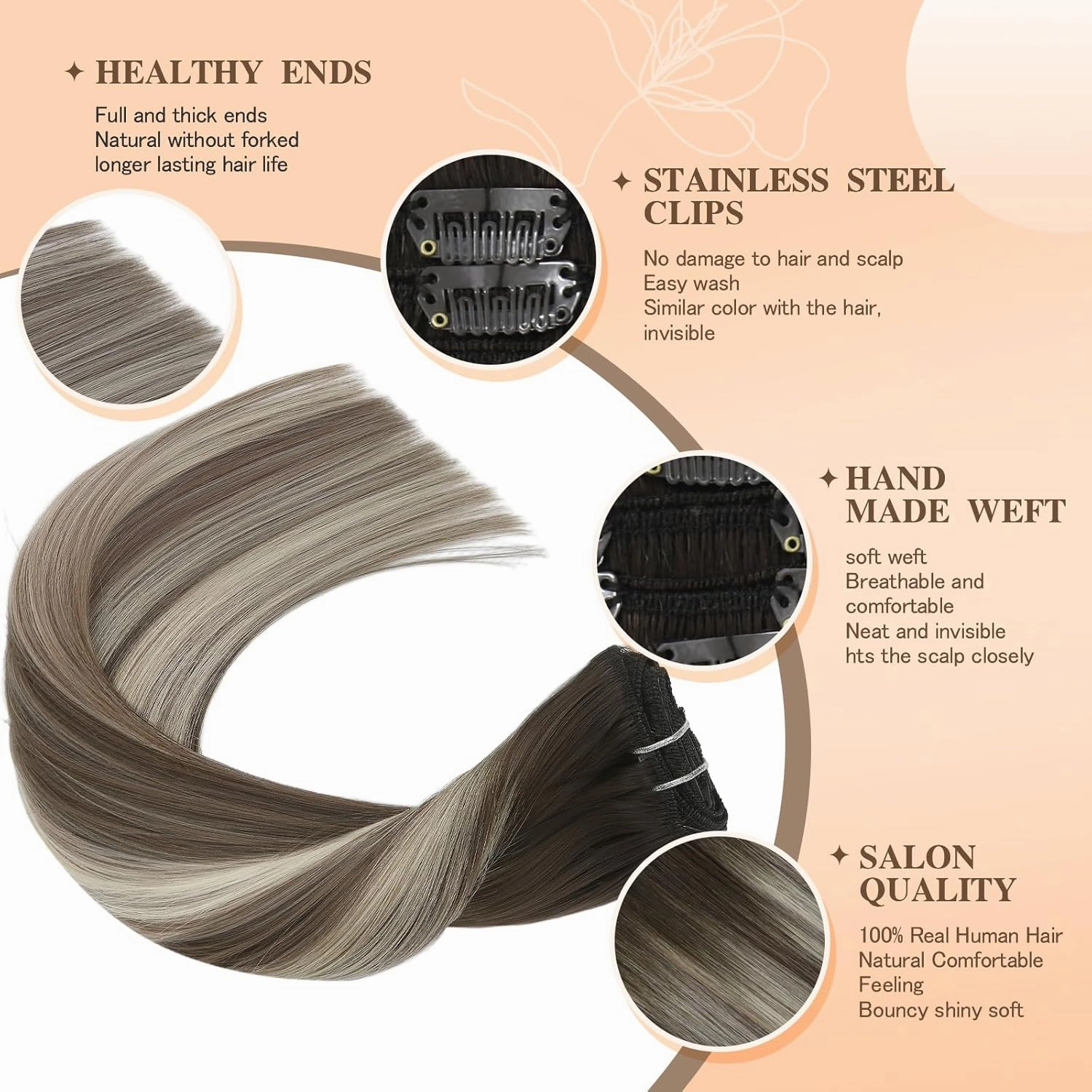clip in hair extensions real human hair Balayage Walnut Brown to Ash Brown Mix Light Blonde remy hair extensions Double weft ombre clip in hair extensions 16 Inch 75G 7PCS for women