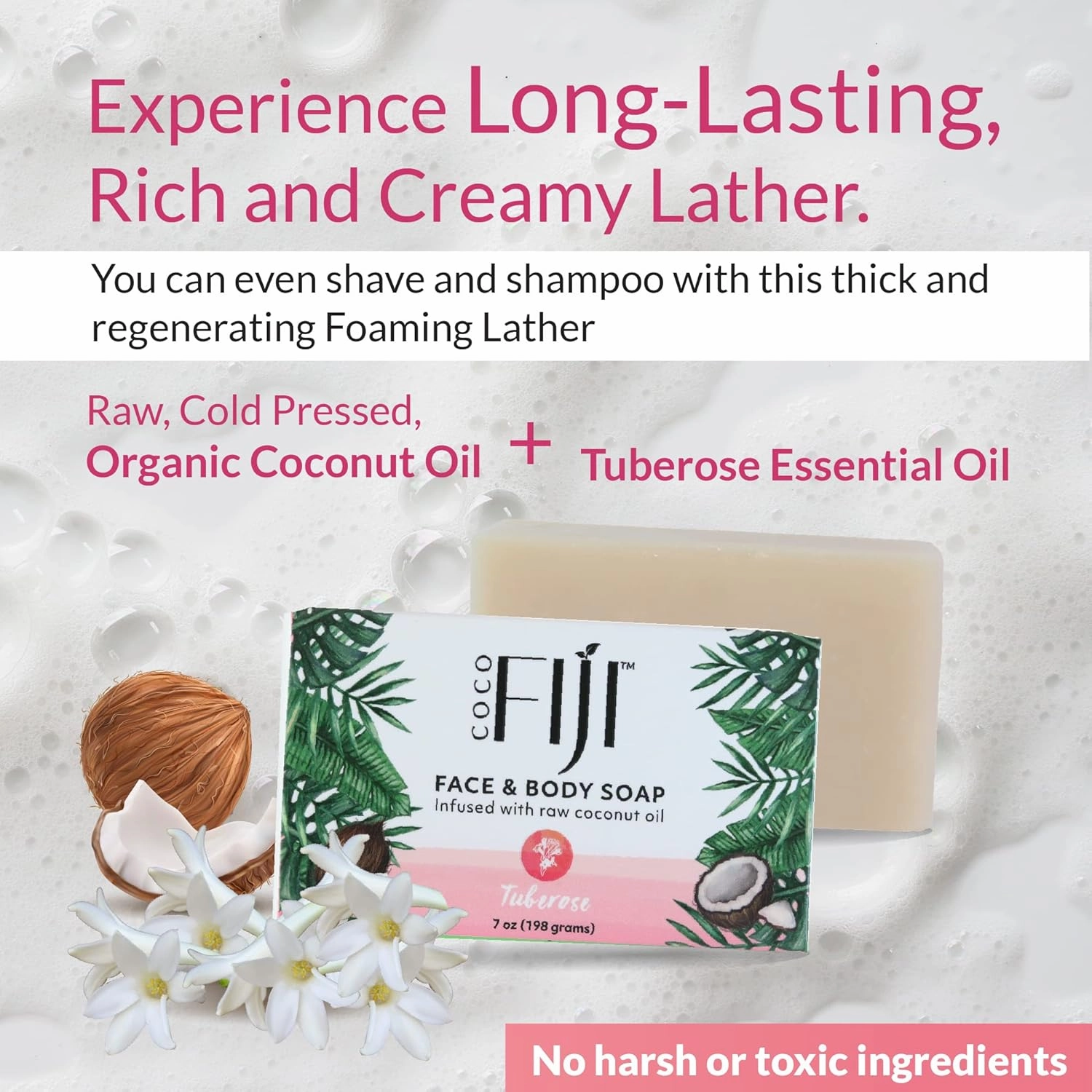 Coco Fiji, Coconut Oil Infused Soap, Bar 7oz (Tuberose, Pack of 2)