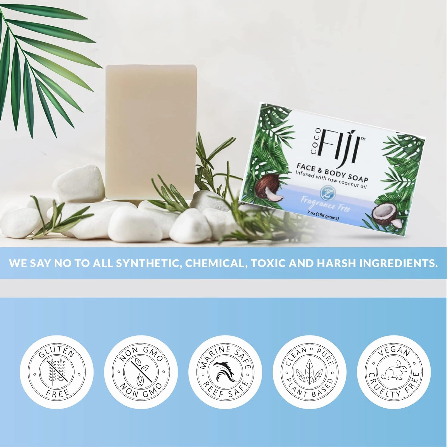 Coco Fiji Soap Bar for Face and Body Infused With Organic Coconut Oil, Fragrance Free, Essential Oil, Natural Soap for Moisturizing & Pore Purifying Skin, 7 oz,Pack of 2