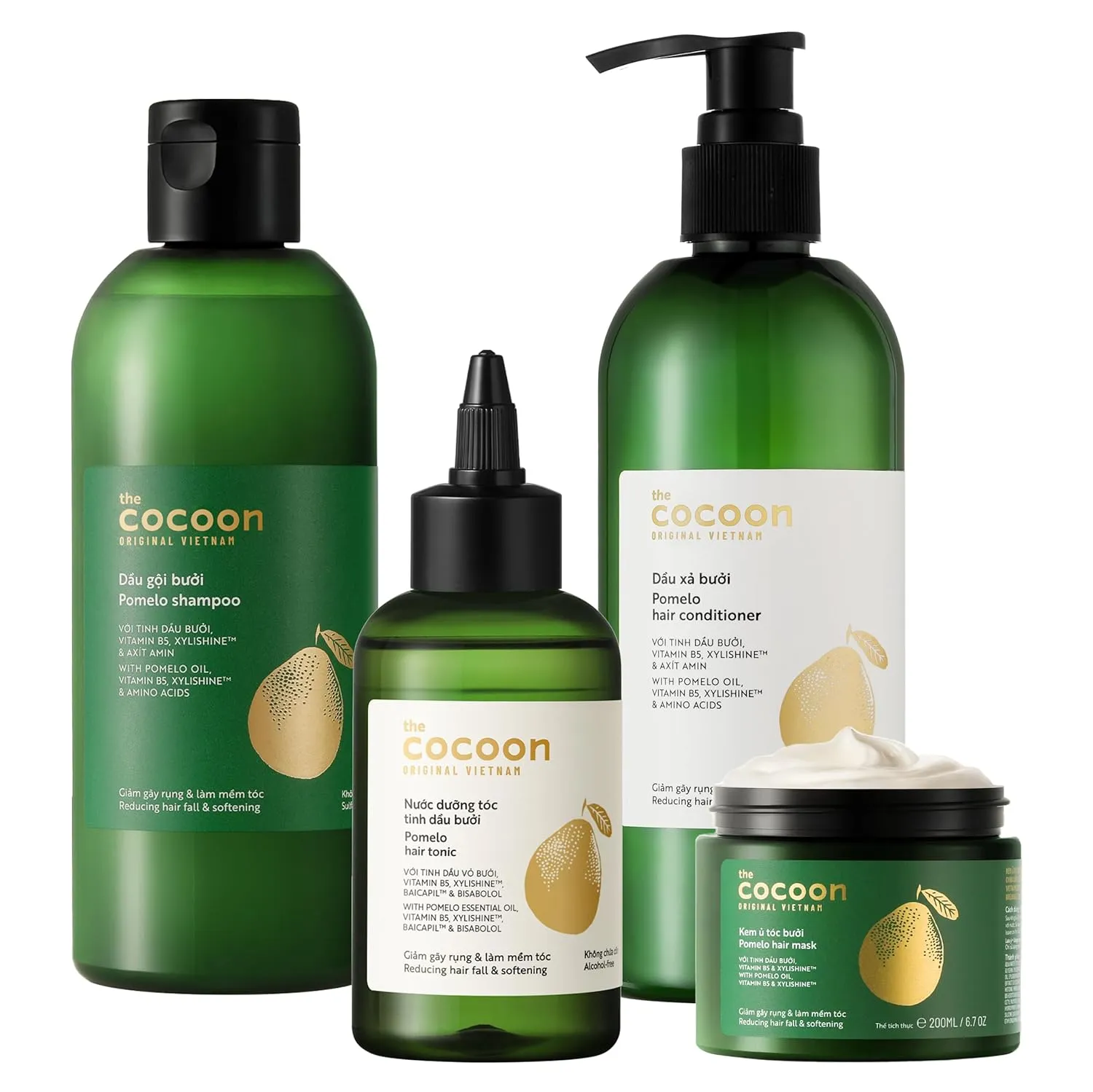 Cocoon Ultimate Hair Repair Set (SAVE 30%): Pomelo Tonic 4.7 fl oz, Shampoo & Conditioner 16.9 fl oz each, and Hair Mask 6.7 fl oz