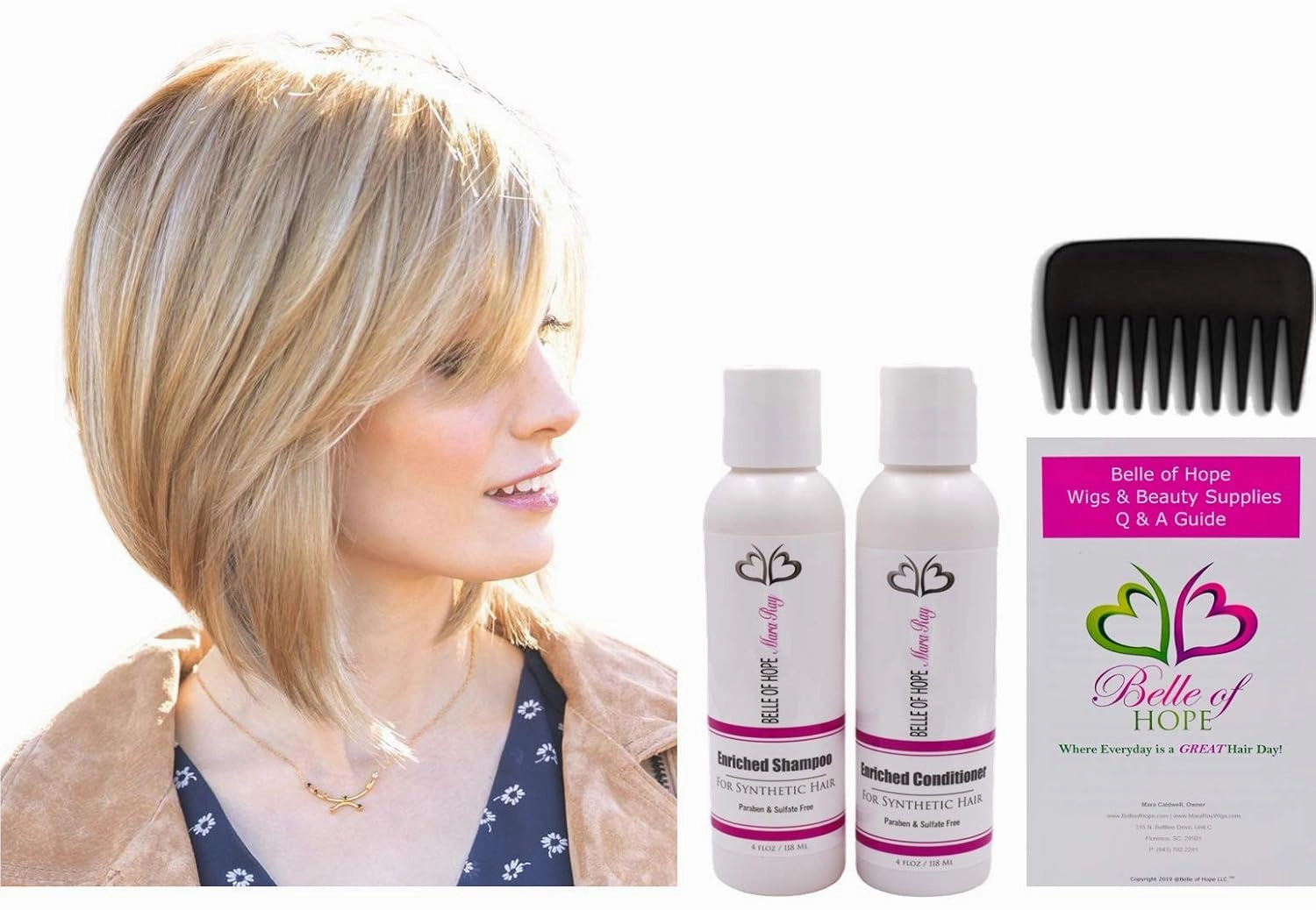 CODI Double Mono Synthetic Wig by Amore, 5PC Bundle: Wig, 4oz Mara Ray Enriched Shampoo, Conditioner, Wide Tooth Comb, and 19 Page Belle of Hope Guide (Auburn Sugar)