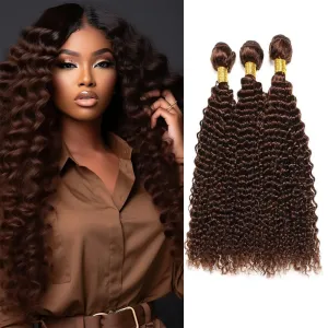 Color 4 Brown Curly Human Hair Bundles Dark Brown Loose Deep Curly Bundles 18 20 22 inch Light Brown Bundles Double Weft Brazilian Remy Hair Extensions Wet and Wavy Bundles Silky Soft