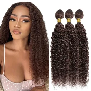 Color #4 Bundles Human Hair Dark Brown Kinky Curly Bundles 14 16 18 inch Double Weft Chocolate Brown Curly Wave Hair Weave Brazilian Virgin Remy Hair Extensions