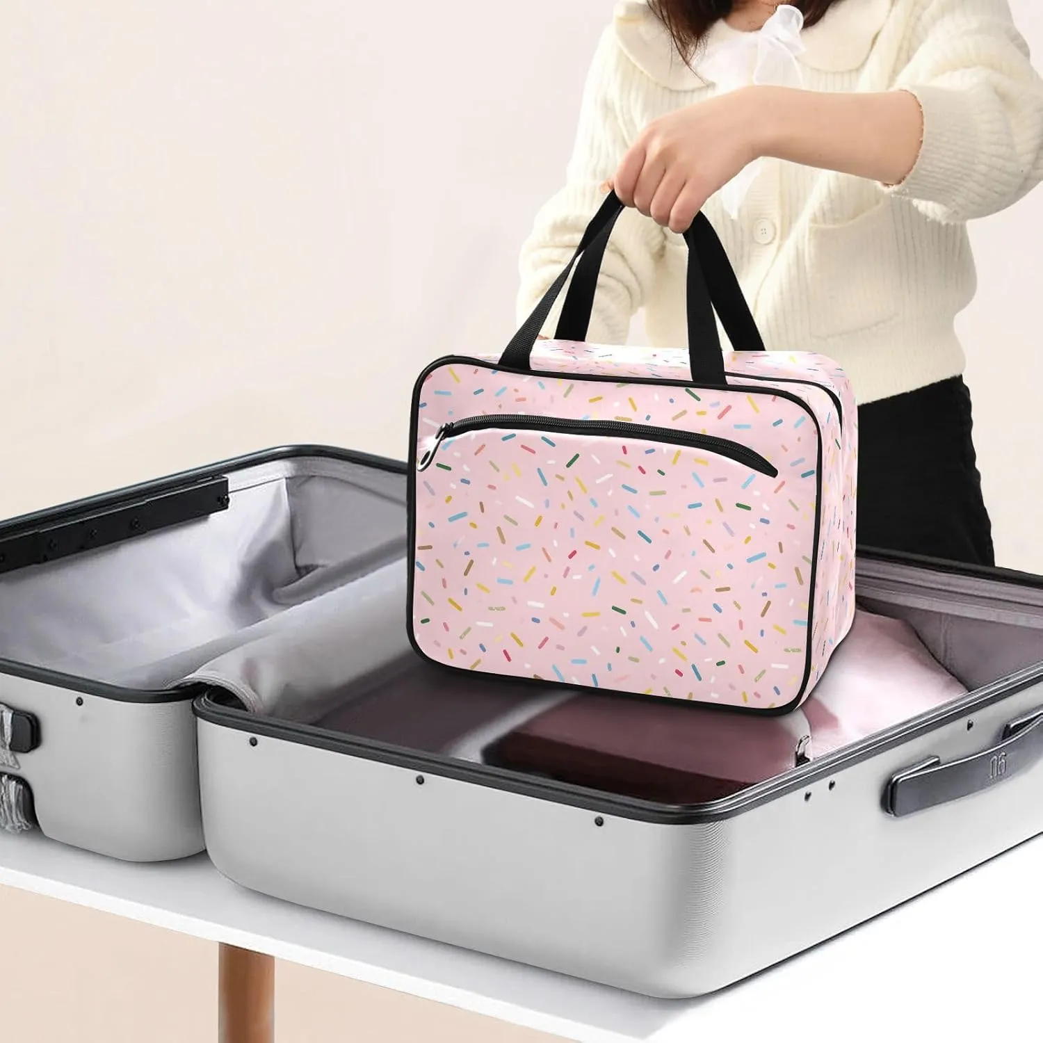 Color Sugar Granule Travel Cosmetic Bag with Compartments Large Hanging Toiletry Organizer with Mesh Pocket, Full Print Design Suitable for Gym Camping or Hotel Use