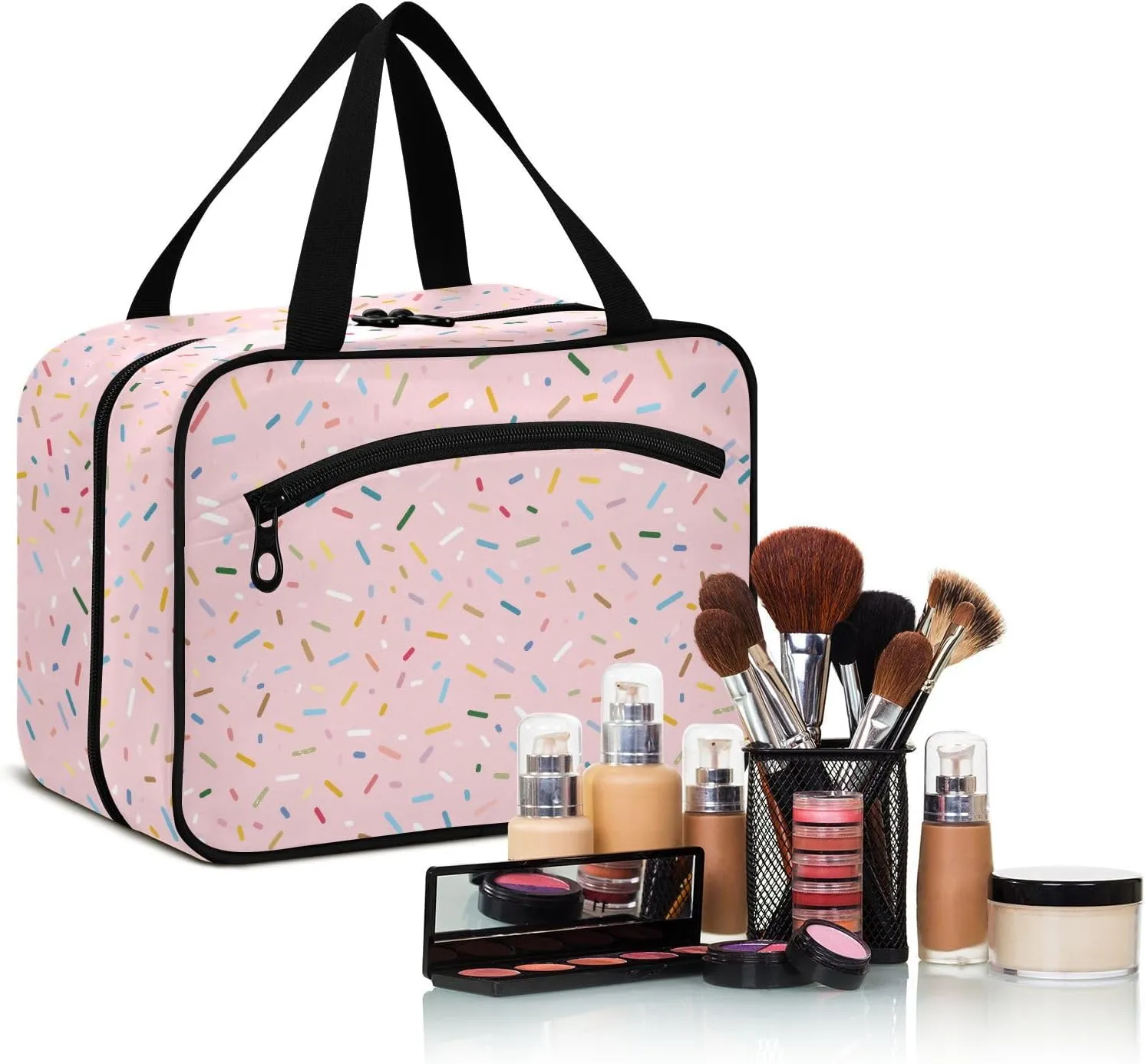 Color Sugar Granule Travel Cosmetic Bag with Compartments Large Hanging Toiletry Organizer with Mesh Pocket, Full Print Design Suitable for Gym Camping or Hotel Use