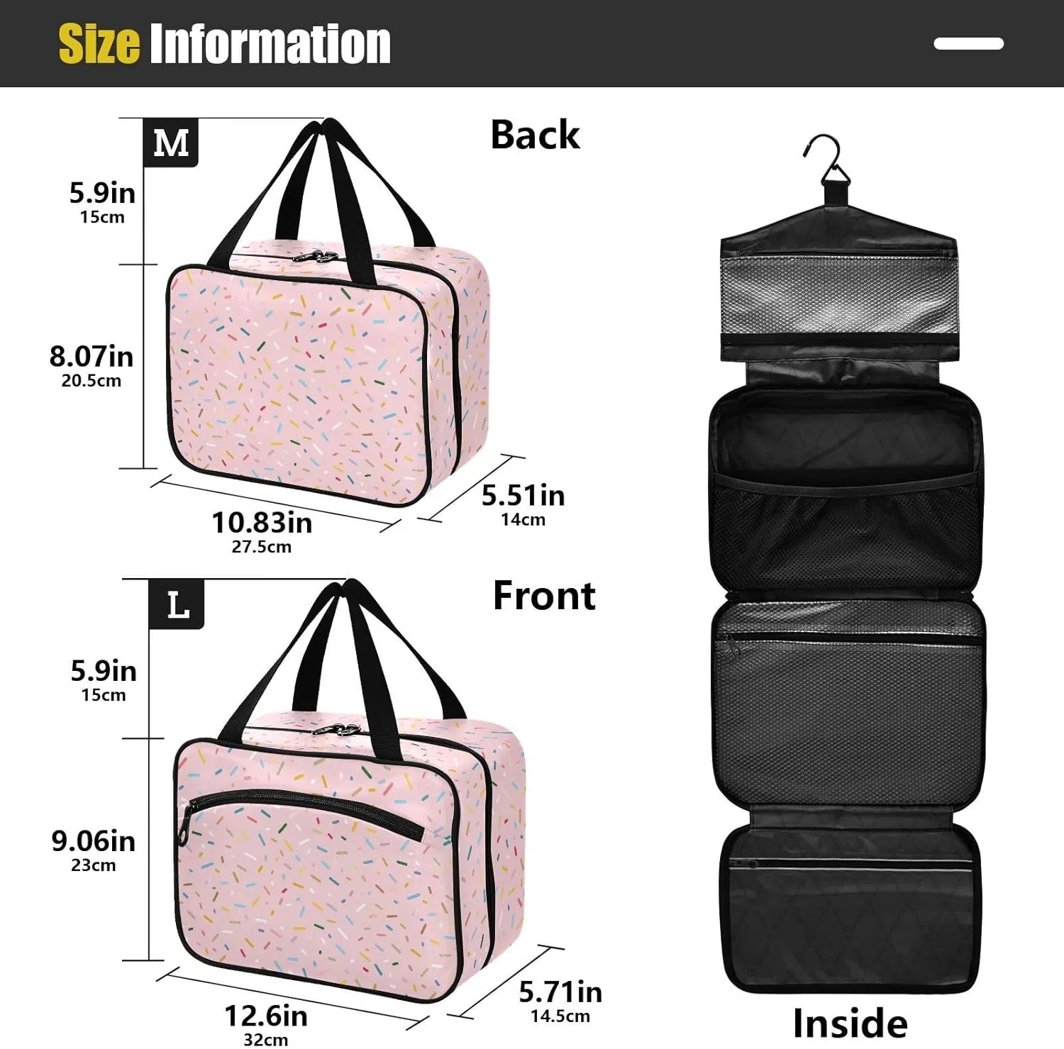 Color Sugar Granule Travel Cosmetic Bag with Compartments Large Hanging Toiletry Organizer with Mesh Pocket, Full Print Design Suitable for Gym Camping or Hotel Use