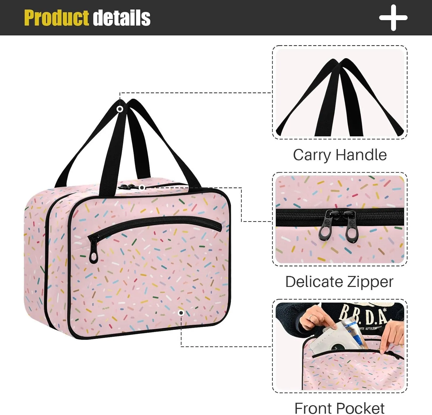 Color Sugar Granule Travel Cosmetic Bag with Compartments Large Hanging Toiletry Organizer with Mesh Pocket, Full Print Design Suitable for Gym Camping or Hotel Use