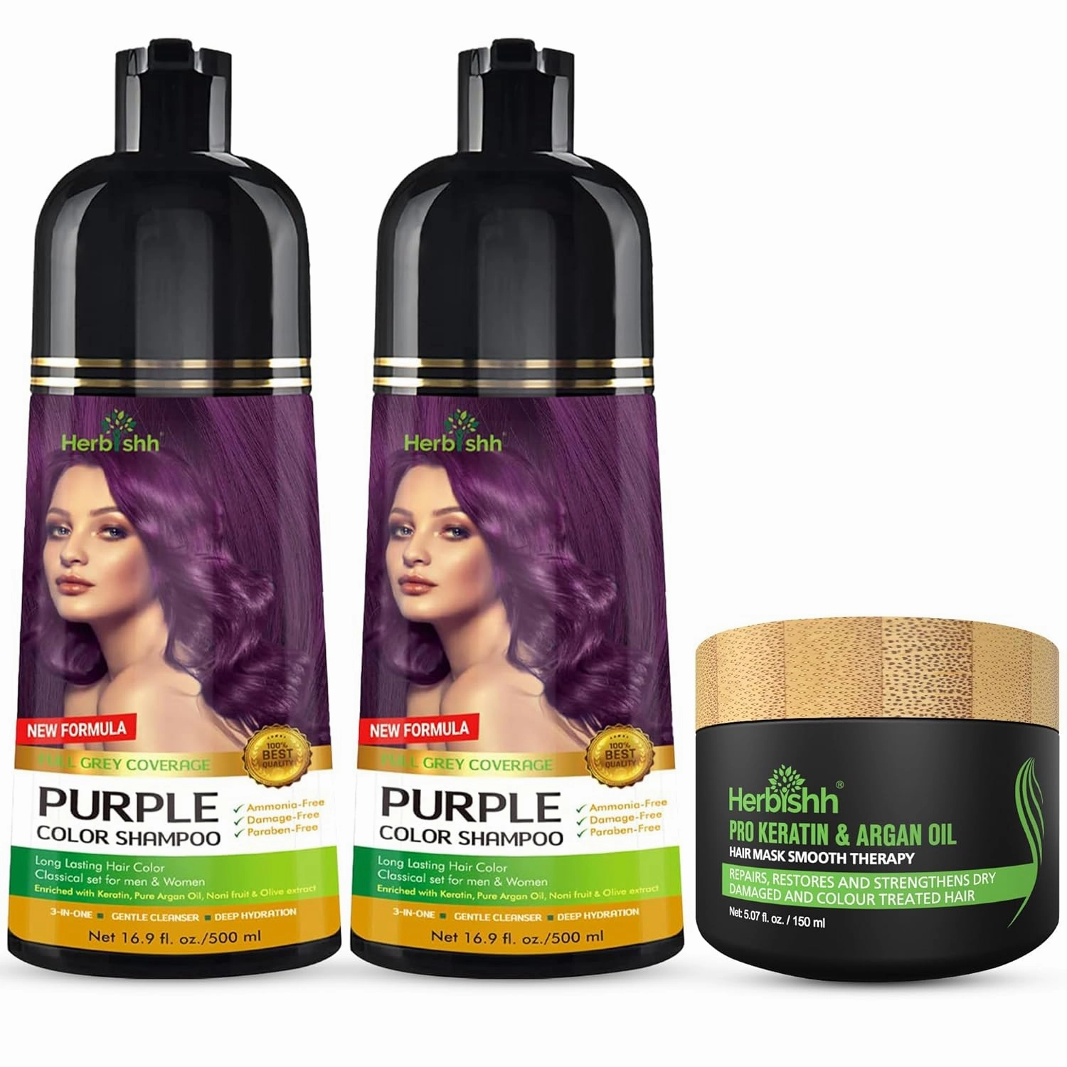 Combo Pack - Herbishh Purple Dye Shampoo for Gray Hair   Argan Intense Hair Mask - Long-lasting Color - Stimulates Dry, Frizzy Hair - 500 Ml