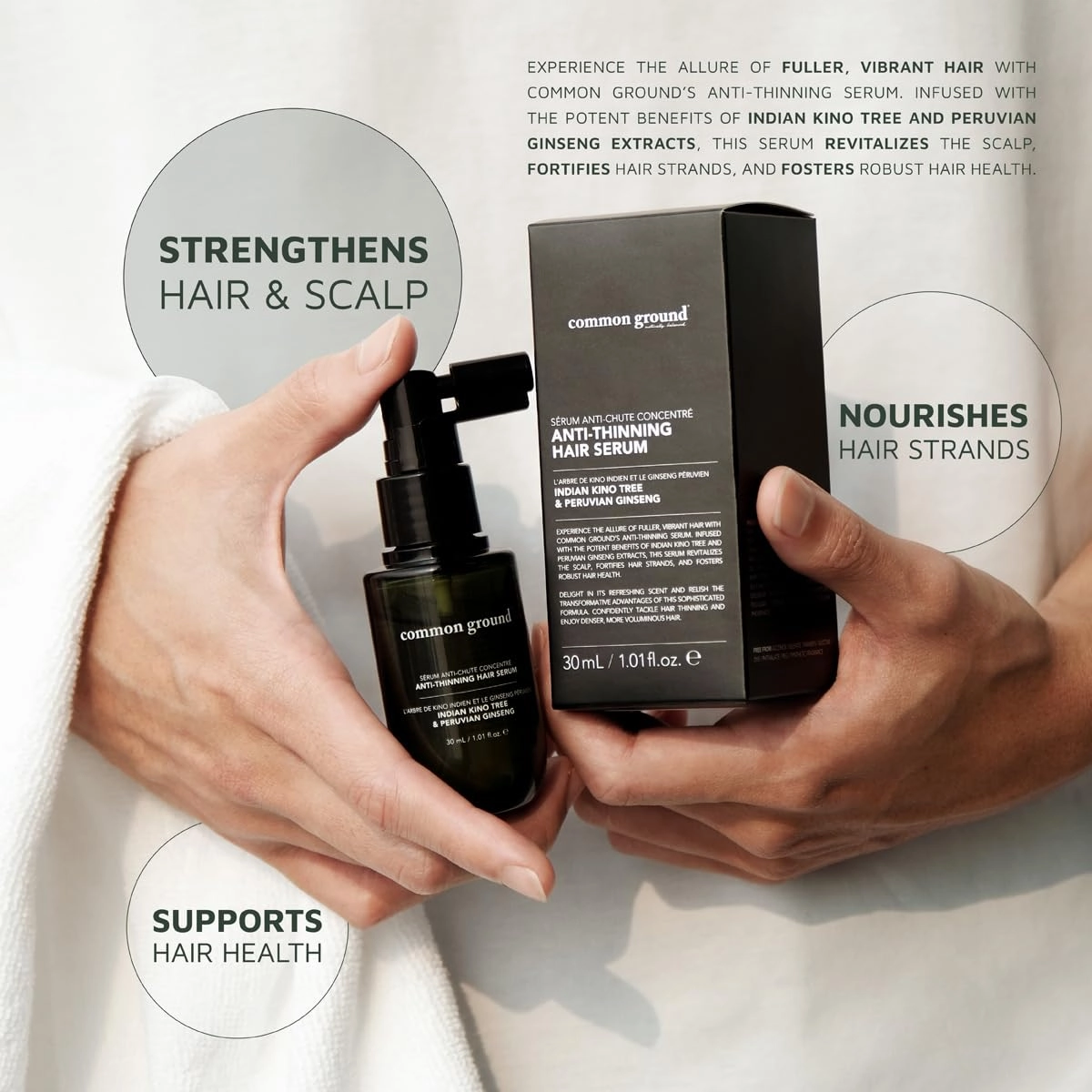 Common Ground Natural Concentrated Anti-Thinning Hair Serum, Sulphate, Paraben & Cruelty Free, Organic, Vegan, Plant-Based, Kino Tree & Ginseng DHT Blockers, for All Hair Types, Men & Women