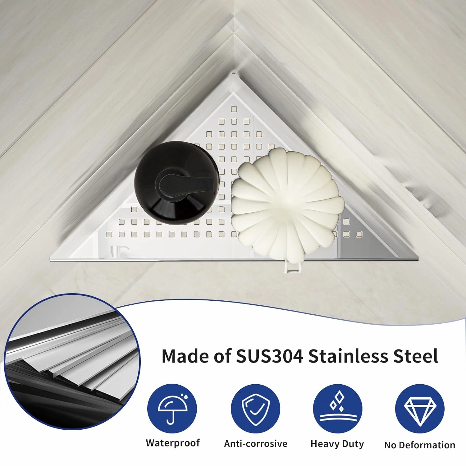 Corner Shower Shelf, 10" Polished 304 Stainless Steel Recessed Shelves for Bathroom, Grout in Shelf Racks for Tiled Wall, 2 Pack, No Drilling Needed