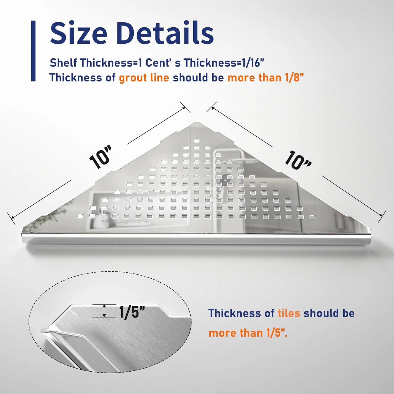 Corner Shower Shelf, 10" Polished 304 Stainless Steel Recessed Shelves for Bathroom, Grout in Shelf Racks for Tiled Wall, 2 Pack, No Drilling Needed