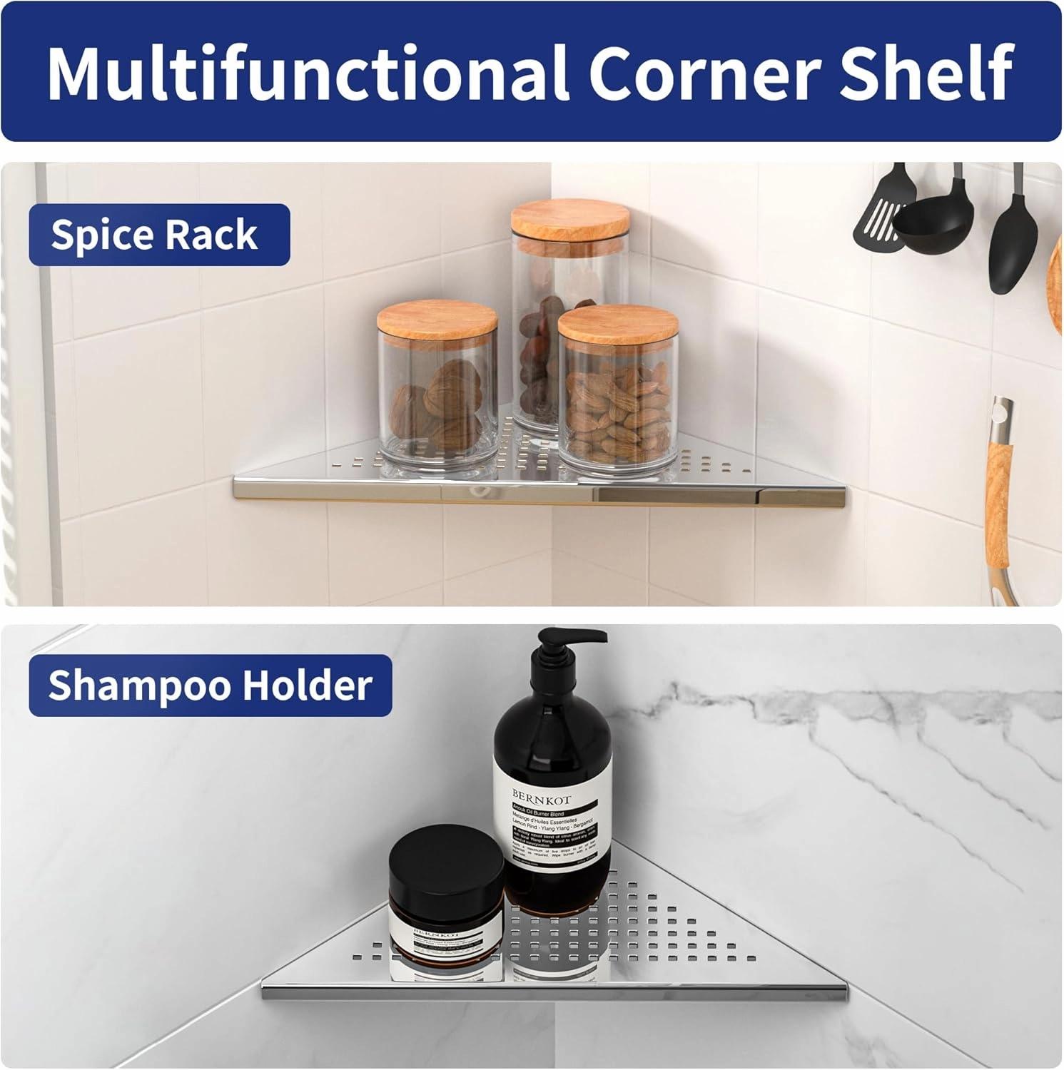 Corner Shower Shelf, 10" Polished 304 Stainless Steel Recessed Shelves for Bathroom, Grout in Shelf Racks for Tiled Wall, 2 Pack, No Drilling Needed