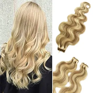Curly Tape in Extensions Brown and Blonde Highlights Tape Hair Extensions Human Hair 16 Inch Body Wave 30grams 20pcs Short Blond Highlighted Fine Remy Hair