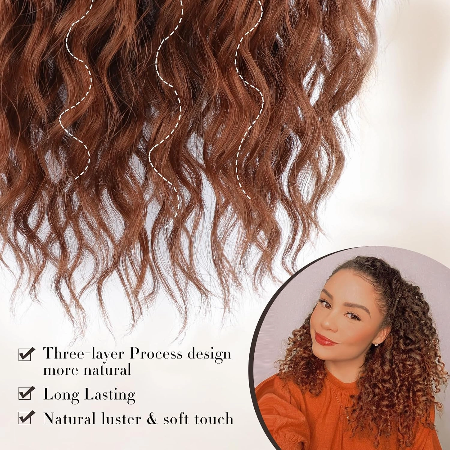 Curly Ponytail Extension Drawstring Ponytail for Women Natural Black Mixed Medium Auburn Curly Clip in Hair Extensions 16 Inch Ponytail Extension Synthetic Hairpiece for Daily Party