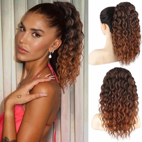 Curly Ponytail Extension Drawstring Ponytail for Women Natural Black Mixed Medium Auburn Curly Clip in Hair Extensions 16 Inch Ponytail Extension Synthetic Hairpiece for Daily Party