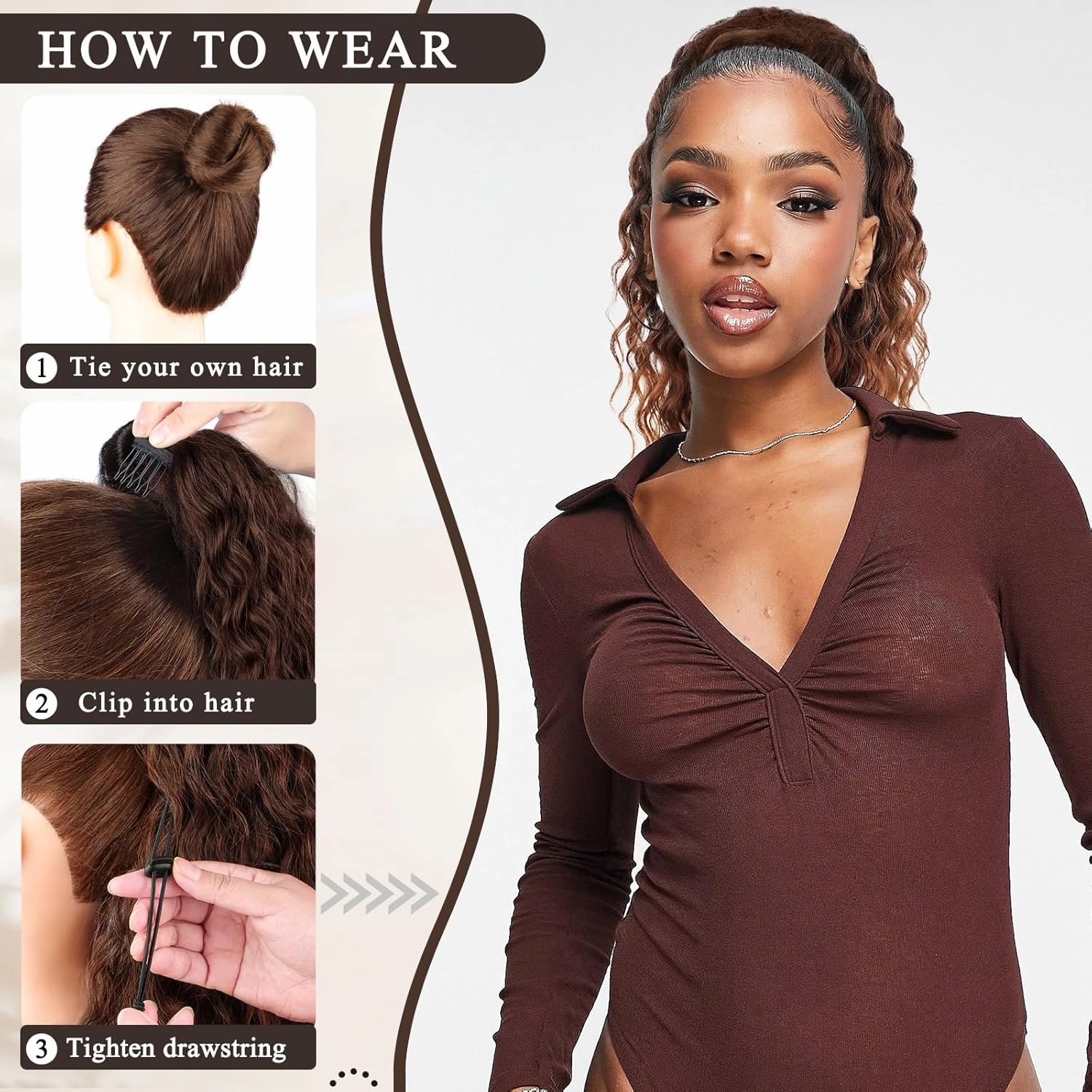 Curly Ponytail Extension Drawstring Ponytail for Women Natural Black Mixed Medium Auburn Curly Clip in Hair Extensions 16 Inch Ponytail Extension Synthetic Hairpiece for Daily Party