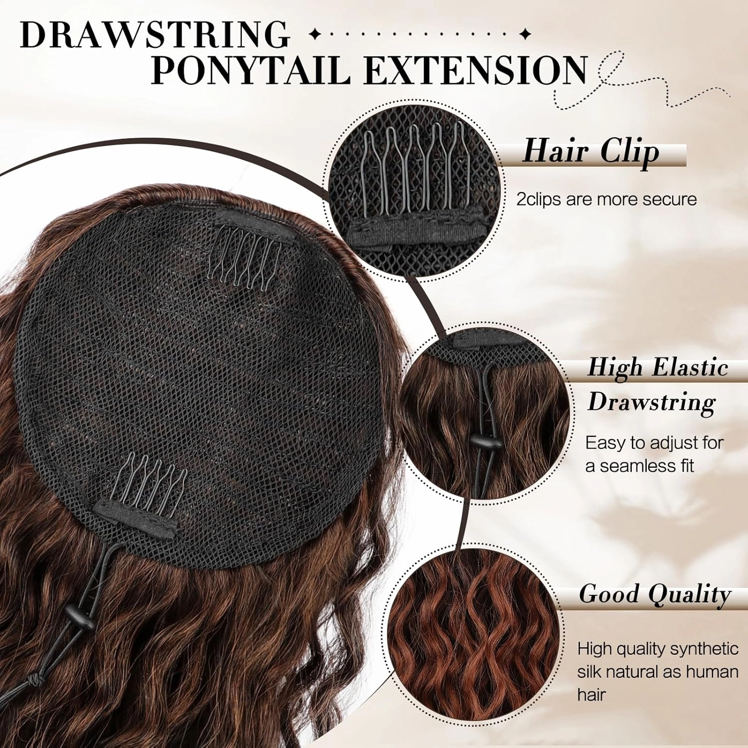 Curly Ponytail Extension Drawstring Ponytail for Women Natural Black Mixed Medium Auburn Curly Clip in Hair Extensions 16 Inch Ponytail Extension Synthetic Hairpiece for Daily Party