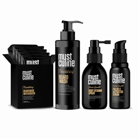 Daily Routine Kit with Root Vitamin Spray, Beard Wash, Keratin Mask and Follicle Activator Serum, Supports Healthy Beard Growth and Reduces Breakage