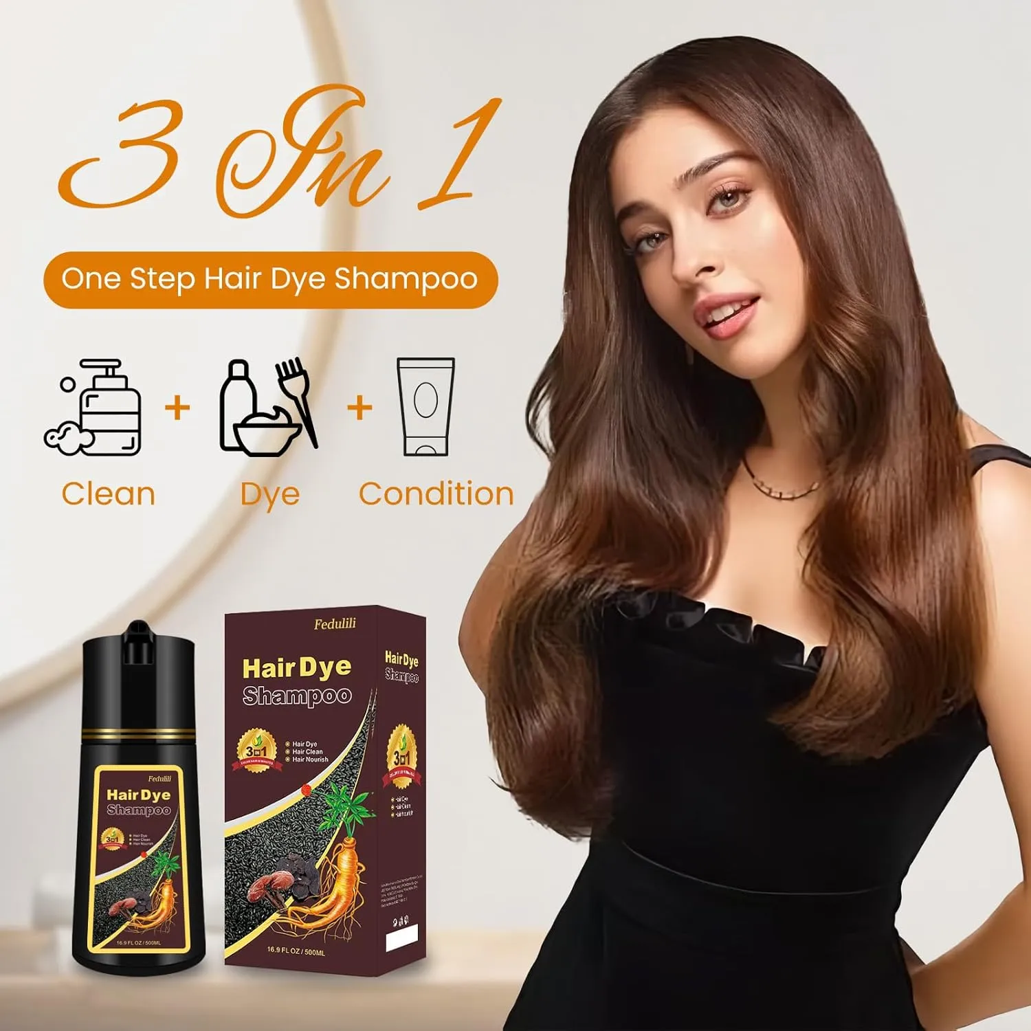 Dark Brown Hair Dye Shampoo 3 In 1, 100% Gray Hair Coverage, Instant Natural Hair Color Treated Shampoo Para Canas for Women & Men, Salon-Grade Root Touch-Up - Lasts 30 Days, Beginner-Friendly, 500ml