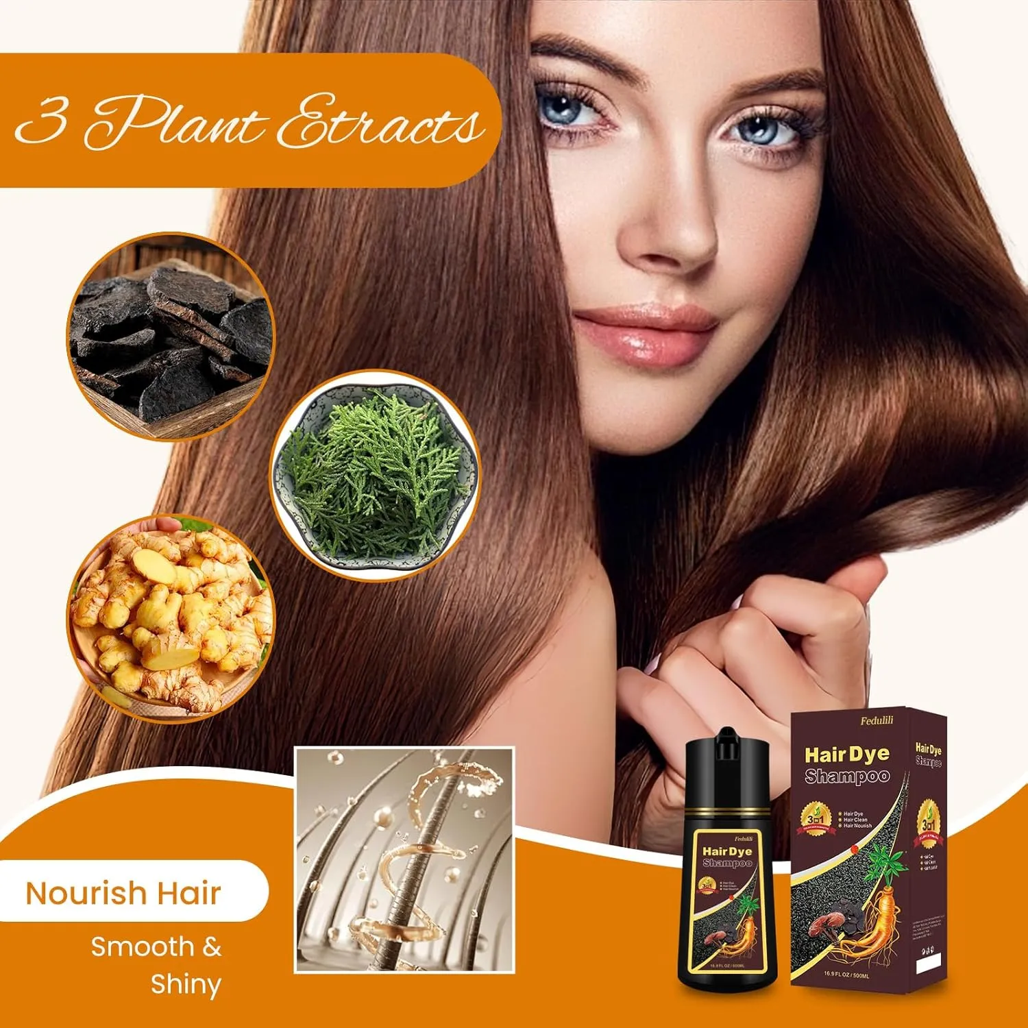 Dark Brown Hair Dye Shampoo 3 In 1, 100% Gray Hair Coverage, Instant Natural Hair Color Treated Shampoo Para Canas for Women & Men, Salon-Grade Root Touch-Up - Lasts 30 Days, Beginner-Friendly, 500ml