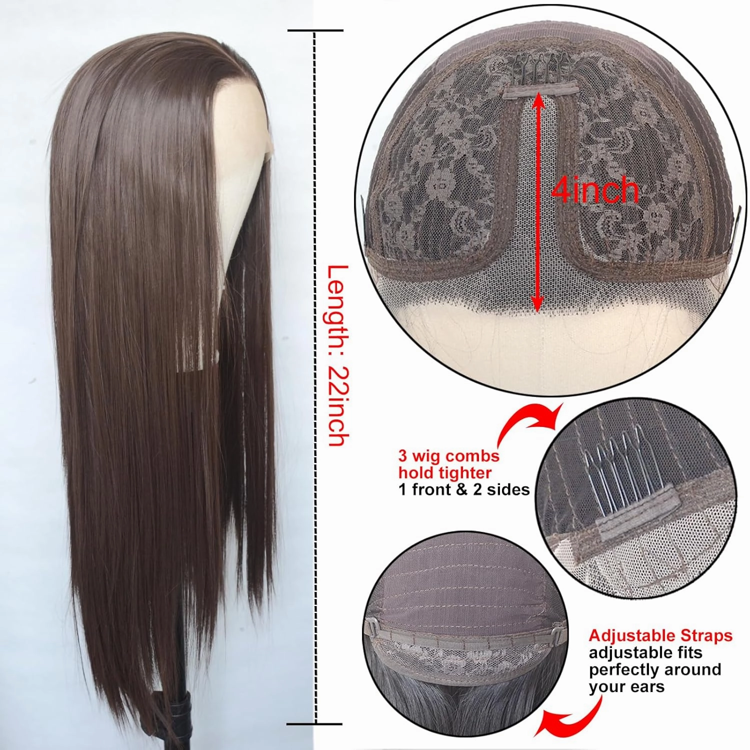 Dark Brown Lace Front Wigs Synthetic T Lace Long Straight Chocolate Brown Synthetic Hair Replacement Wigs for Black Women 22 inch Daily Wear Party Cosplay (T-Part Lace, Dark Brown,Straight)