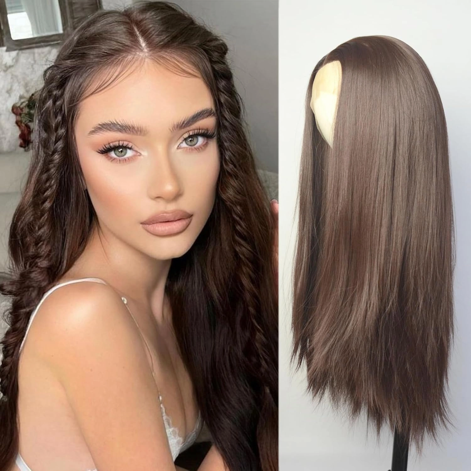 Dark Brown Lace Front Wigs Synthetic T Lace Long Straight Chocolate Brown Synthetic Hair Replacement Wigs for Black Women 22 inch Daily Wear Party Cosplay (T-Part Lace, Dark Brown,Straight)